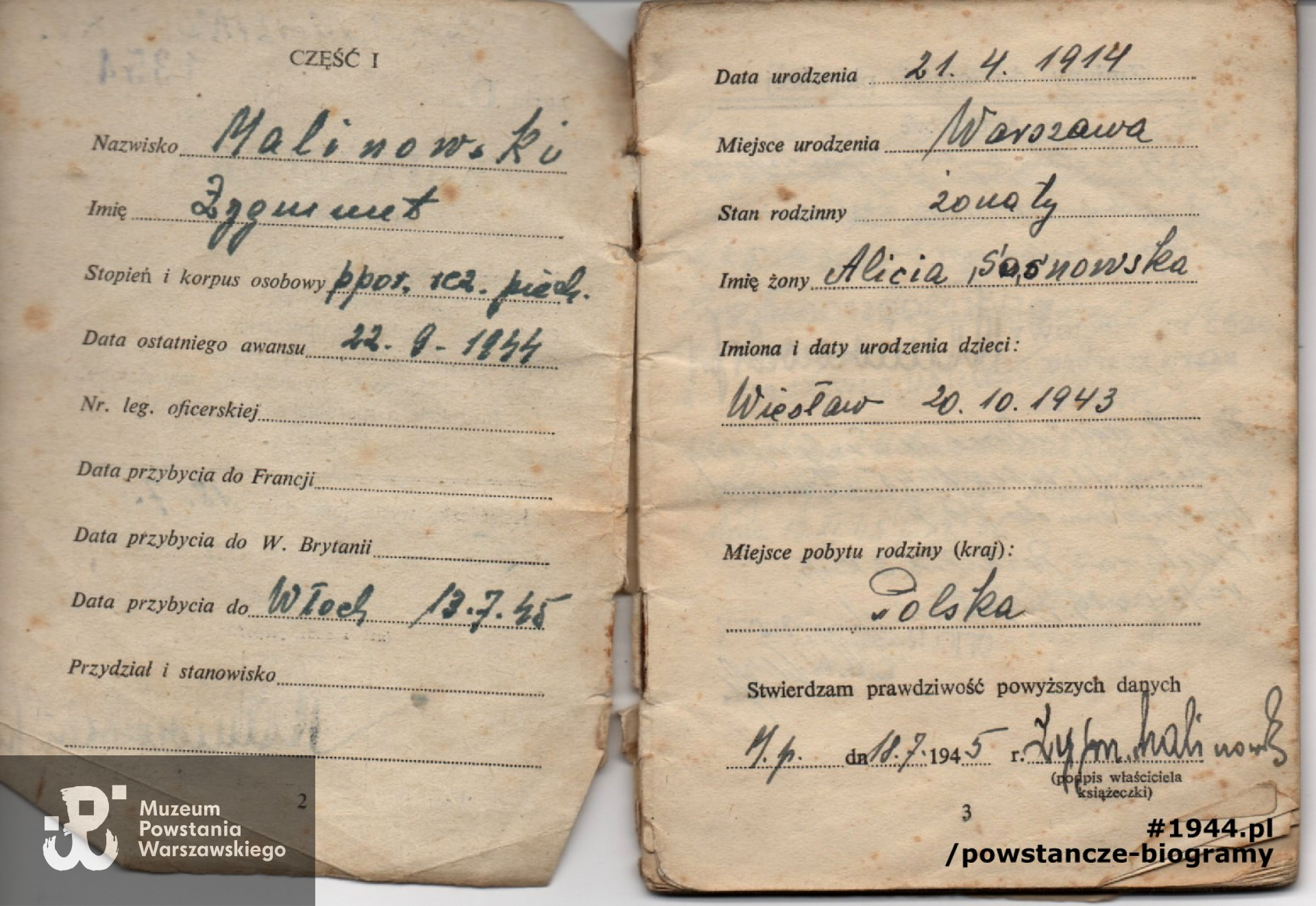 Wybrane strony z książeczki wojskowej. Ze zbiorów rodzinnych p. Ryszarda Malinowskiego.