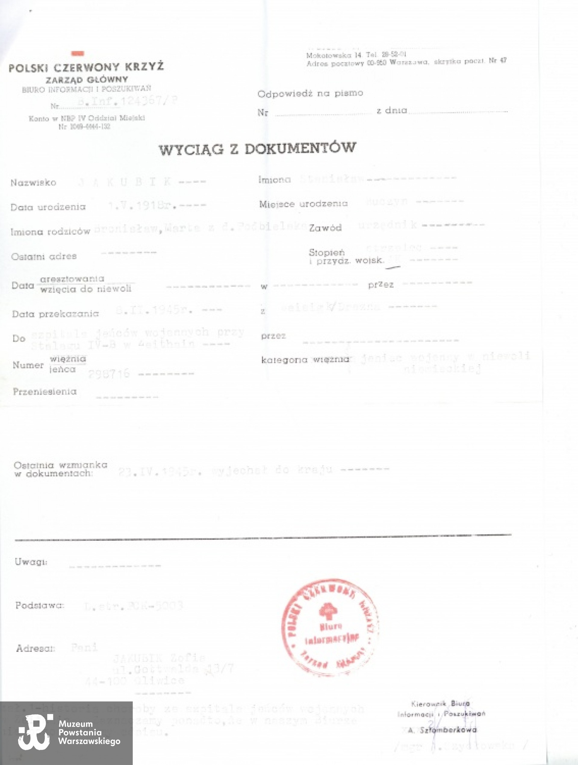 Pismo Polskiego Czerwonego Krzyża. Z archiwum rodzinnego syna.