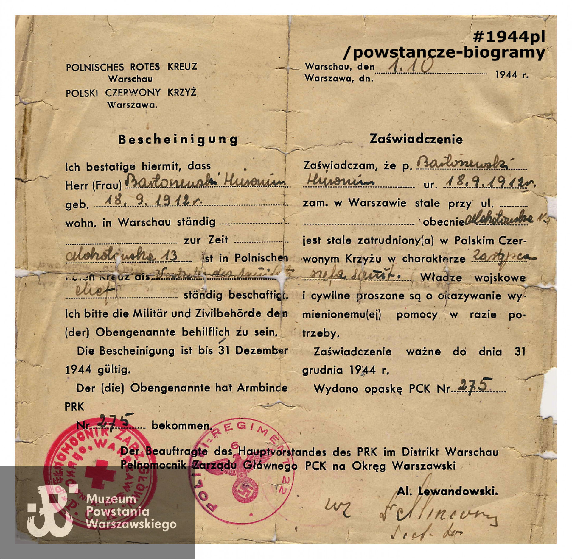 Zaświadczenie (Bescheinigung) wydane przez PCK, ważne do 31.12.1944 r. Dokument ze zbiorów rodzinnych