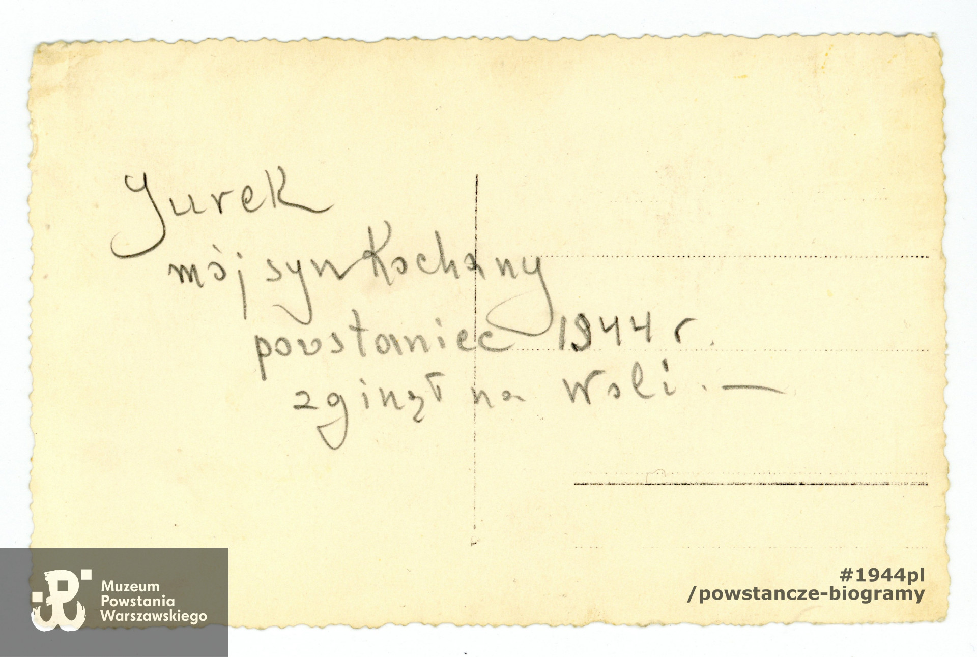 Rewers z opisem wykonanym przez matkę, Janinę Zalewską. Fot. ze zbiorów rodzinnych s. Elżbiety Maruszewskiej, skan wykonano w Muzeum Powstania Warszawskiego, 08/2021.