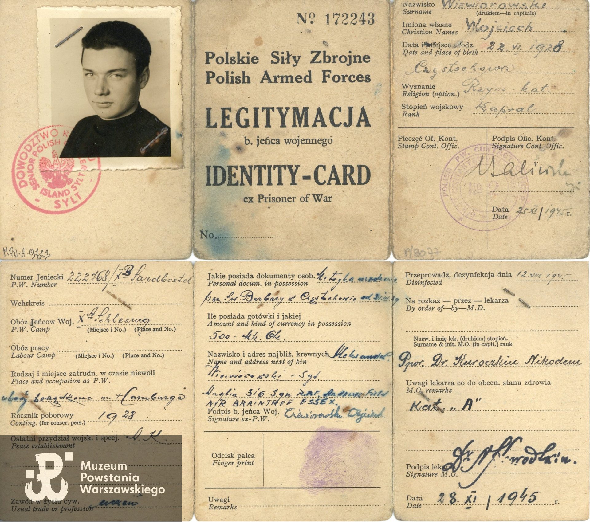 Legitymacja byłego jeńca wojennego, należąca do Wojciecha Wiewiorowskiego. Zbiory Muzeum Powstania Warszawskiego; sygn. MPW-A-9723.