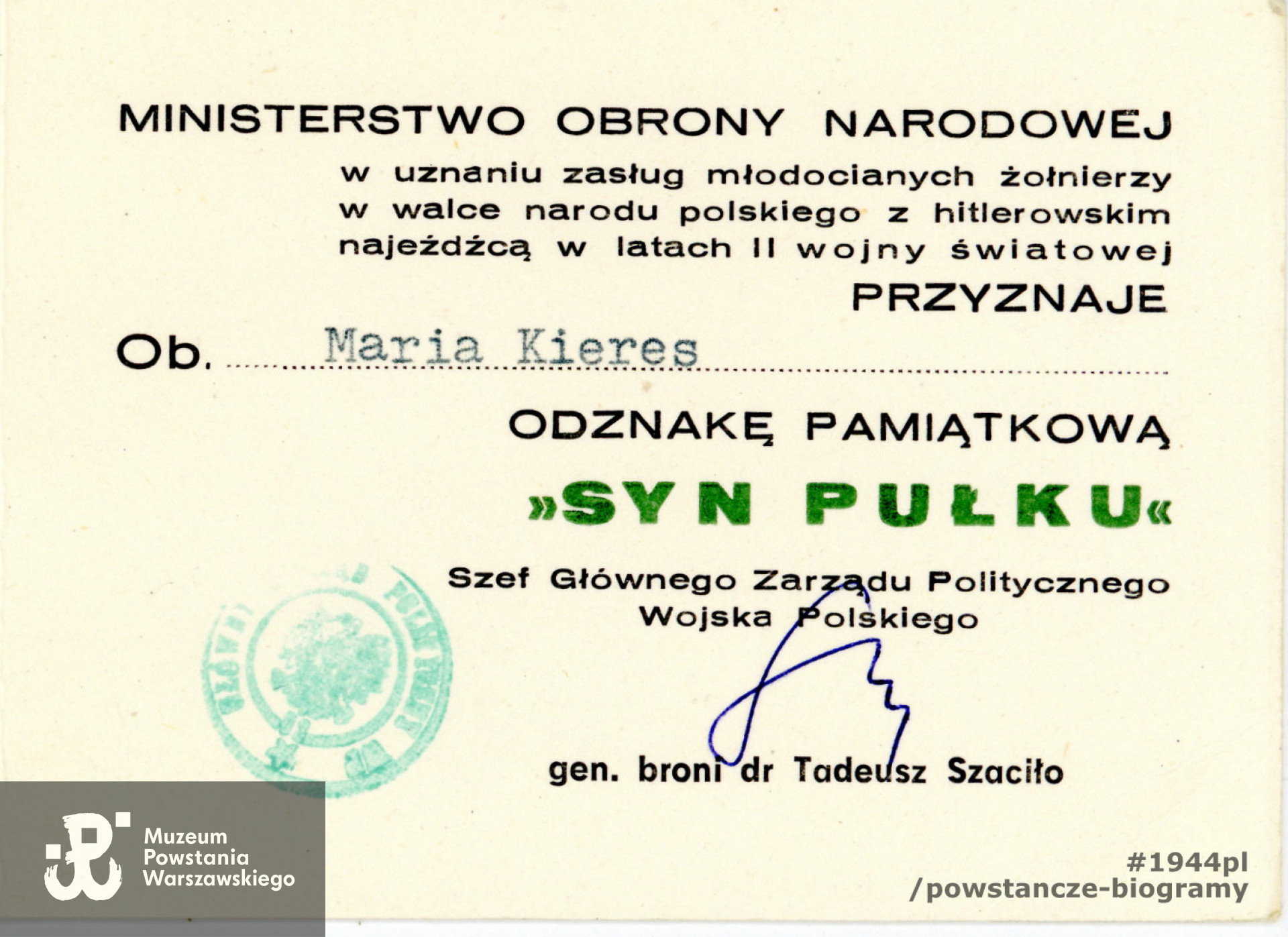 Legitymacja odznaczeniowa ze zbiorów rodzinnych p. Joanny Kozłowskiej, córki