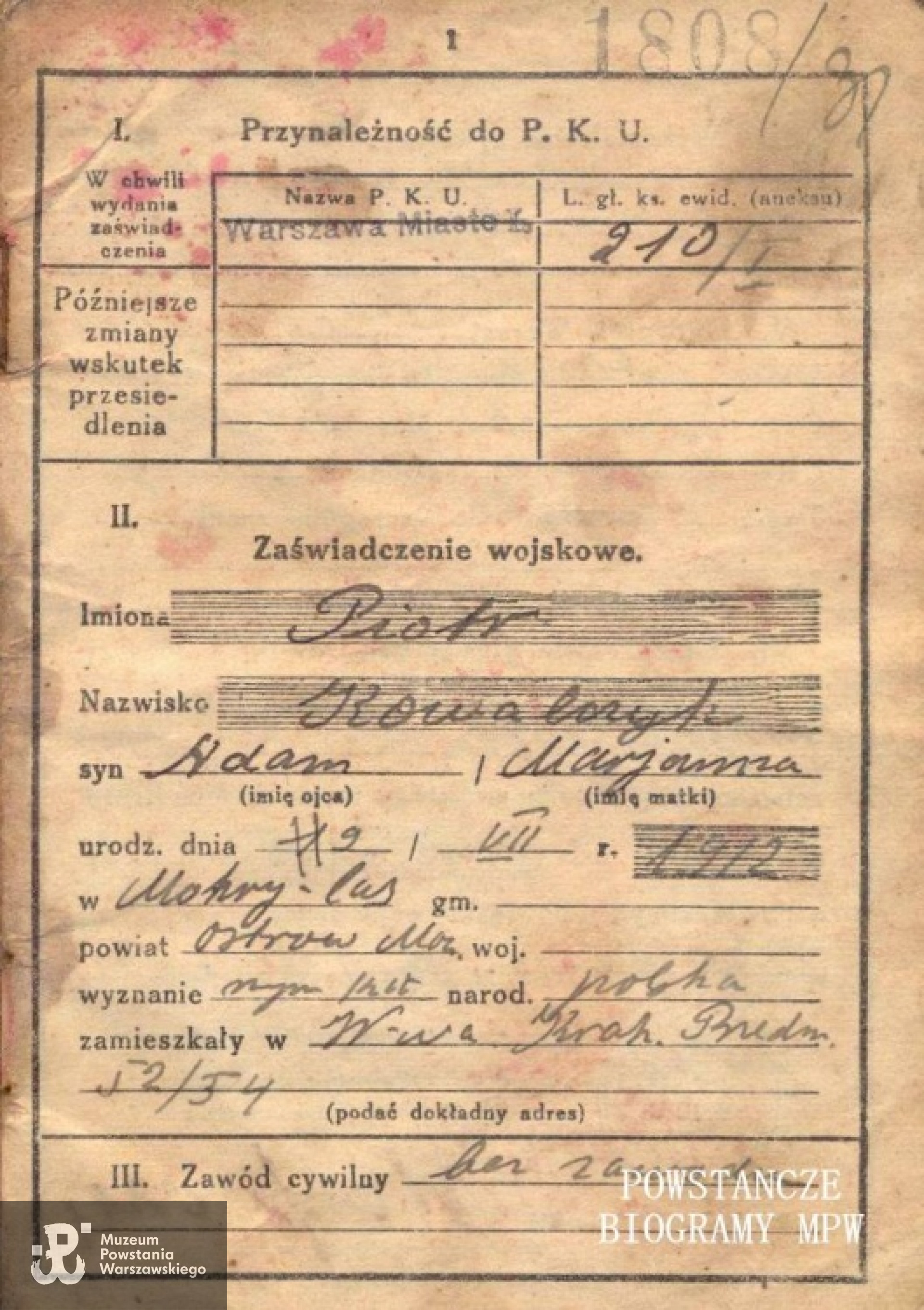 Zaświadczenie wojskowe. Fot. za zgodą rodziny udostępnili Rafał Figiel i Jan Wawszczyk.