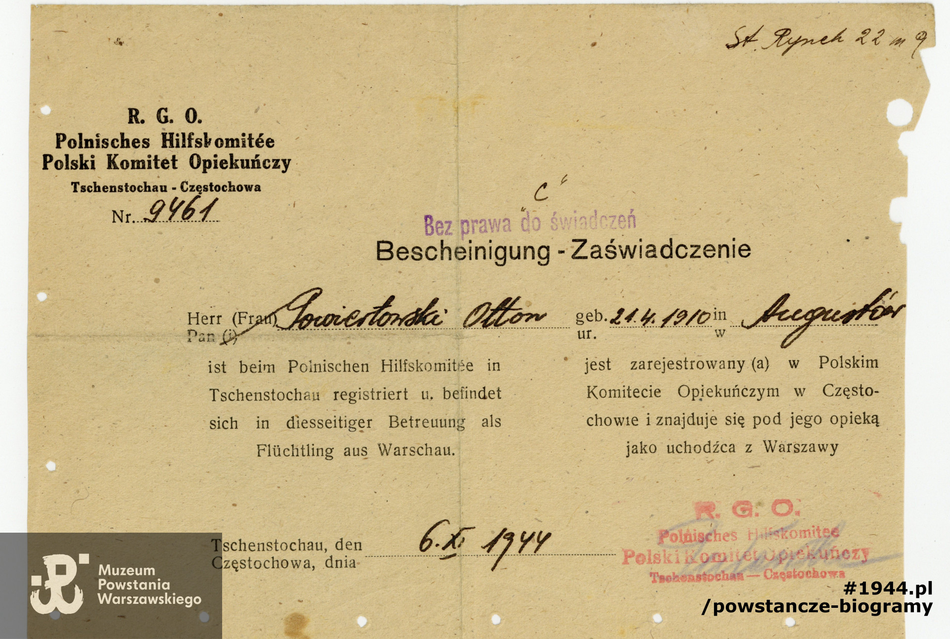 Zaświadczenie wystawione przez Polski Komitet Opiekuńczy  - R.G.O w Częstochowie - dokument datowany na 6.11.1944 r. Z archiwum rodzinnego udostępniła córka, p. Joanna Brejnak
