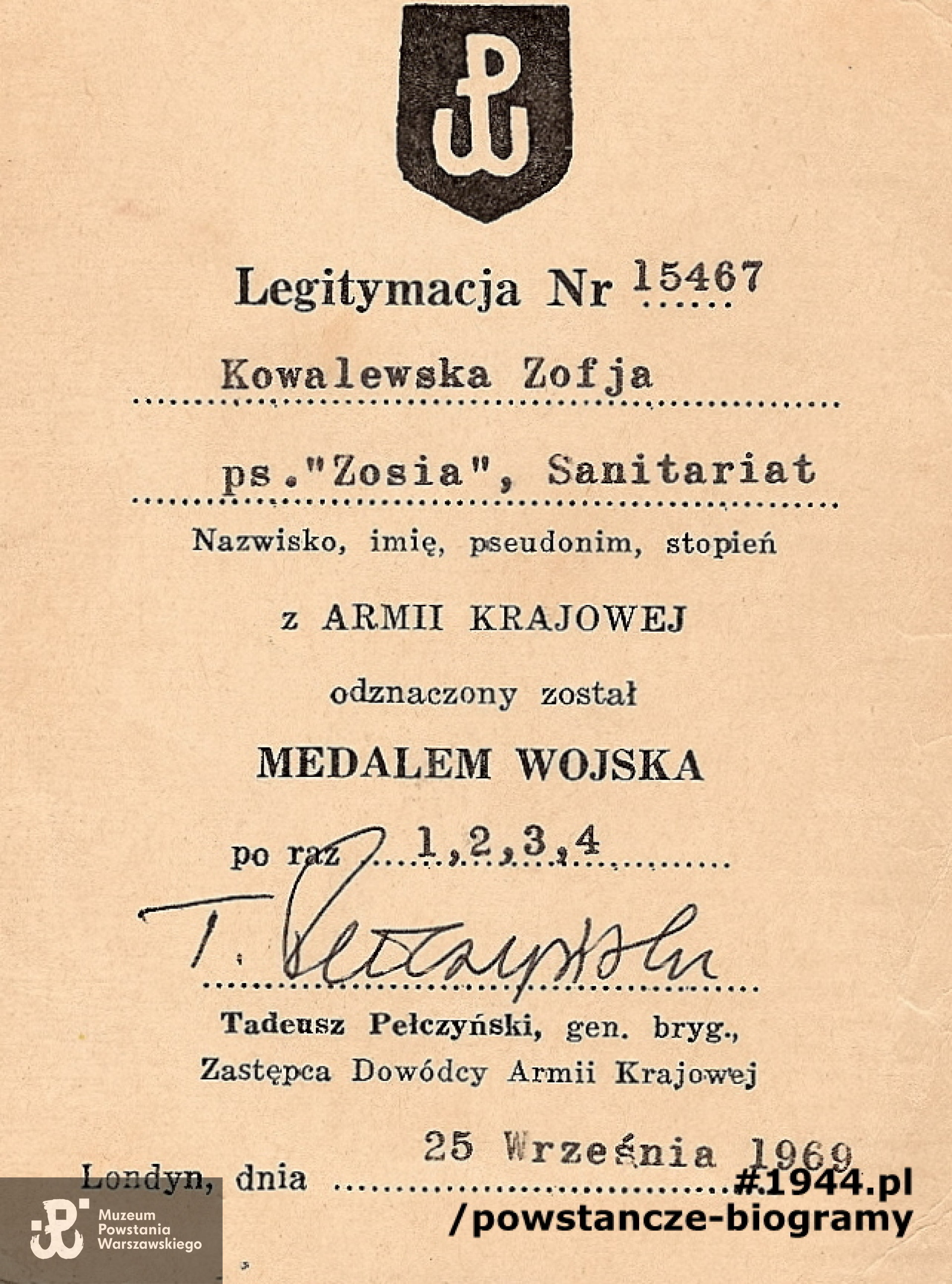 Legitymacja odznaczenia Medalem Wojska, po raz 1, 2, 3 i 4.  Z archiwum rodzinnego Zofii Kowalewskiej