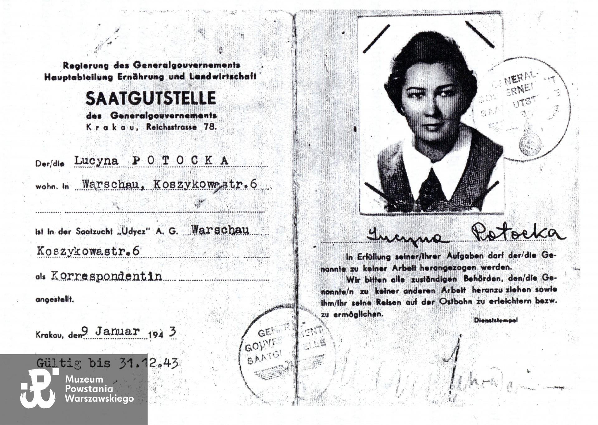 Zaświadczenie o zatrudnieniu w okresie okupacji w firmie "Udycz" (Saatzucht „Udycz"). Dokument wystawiony na nazwisko Lucyna Potocka. Źródło: L. Lutostańska ”Relacje łączniczki AK 1937-1945"