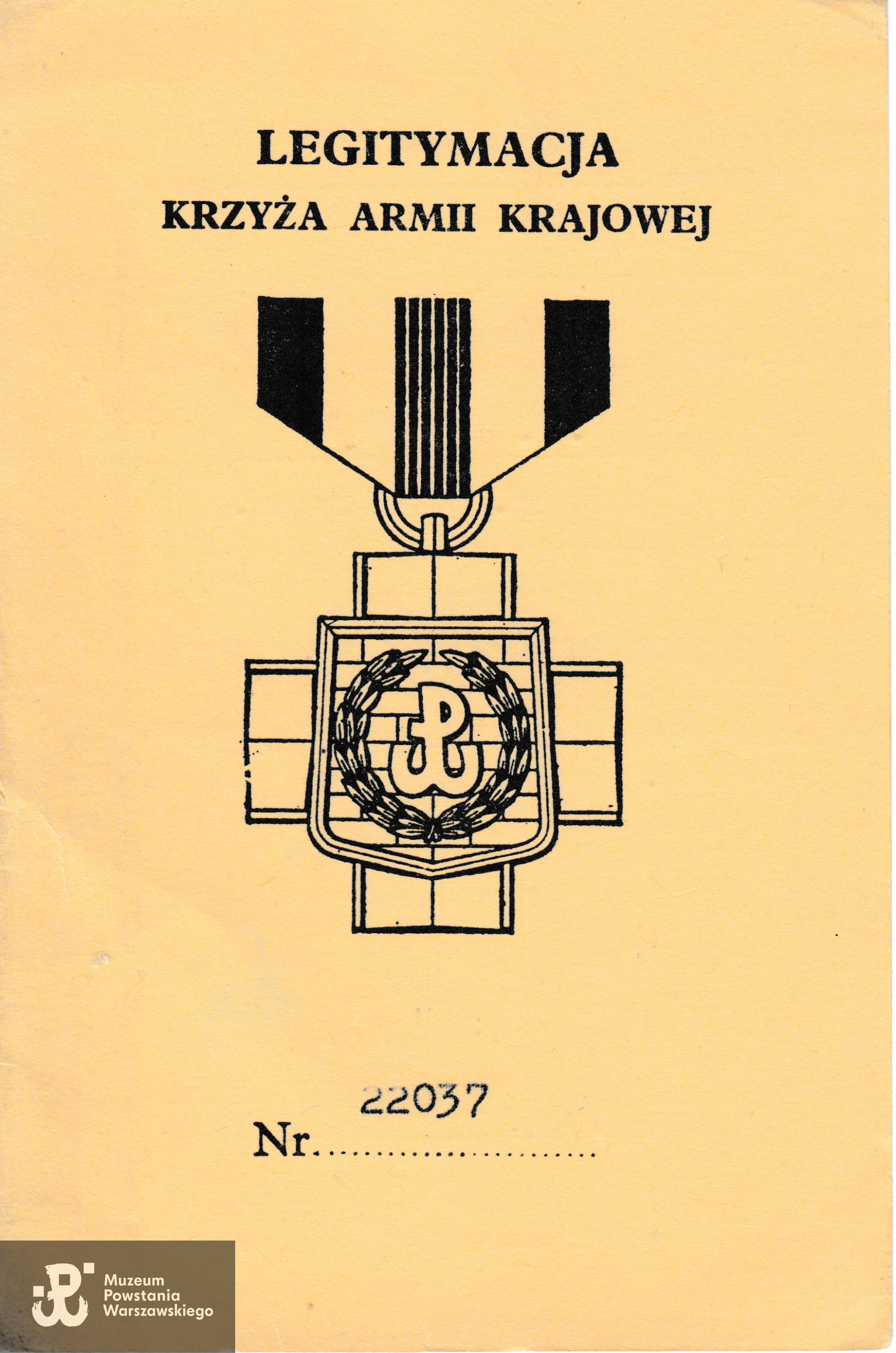 Legitymacja odznaczeniowa - Krzyż Armii Krajowej. Dokument ze zbiorów rodzinnych, skan udostępniła p. Hanna Derek, wnuczka Powstańca