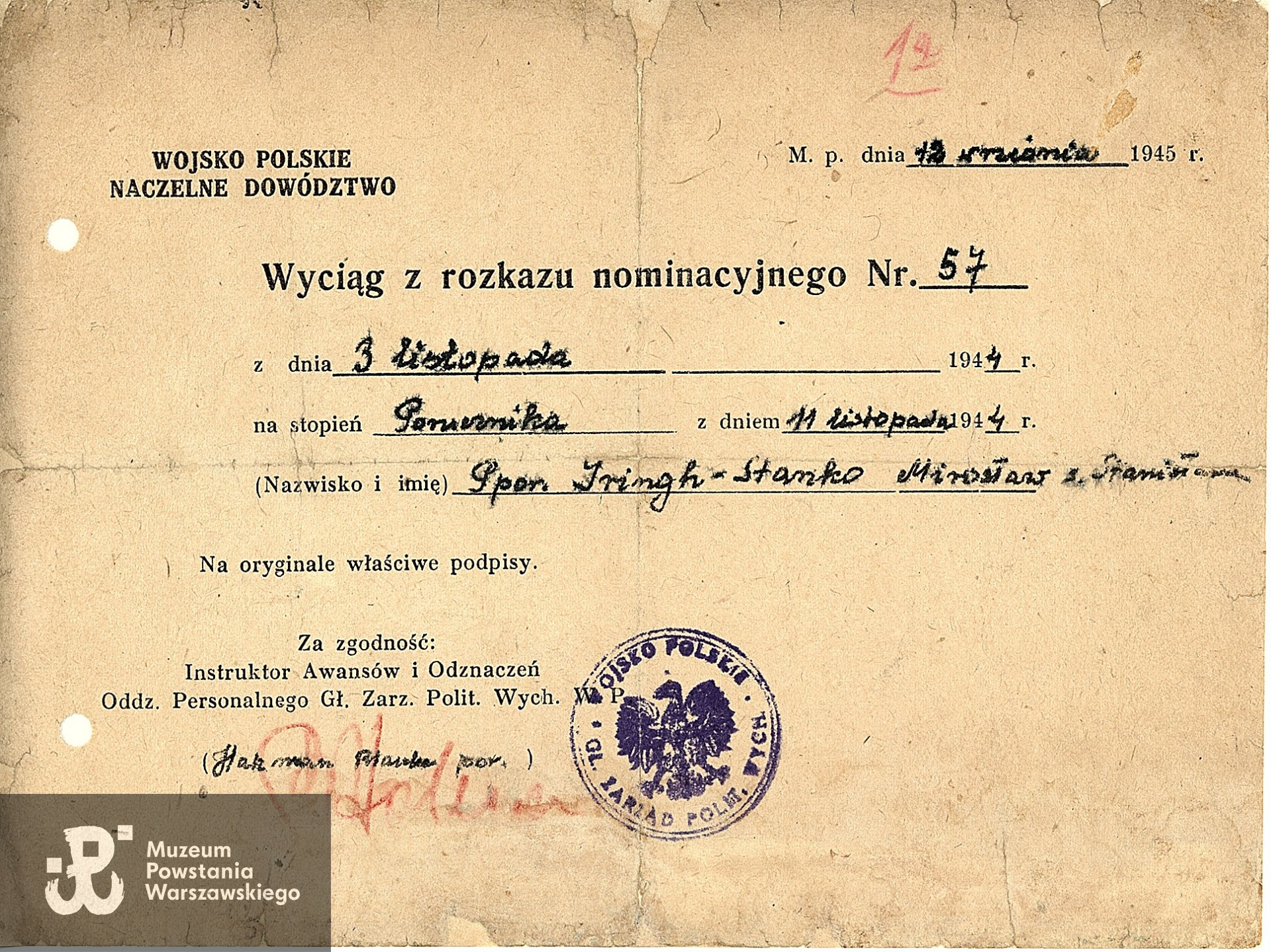 Wyciąg z rozkazu nominacyjnego Mirosława Iringha ps. "Stanko" do stopnia porucznika. Zbiory Muzeum Powstania Warszawskiego; sygn. MPW-A-10010.