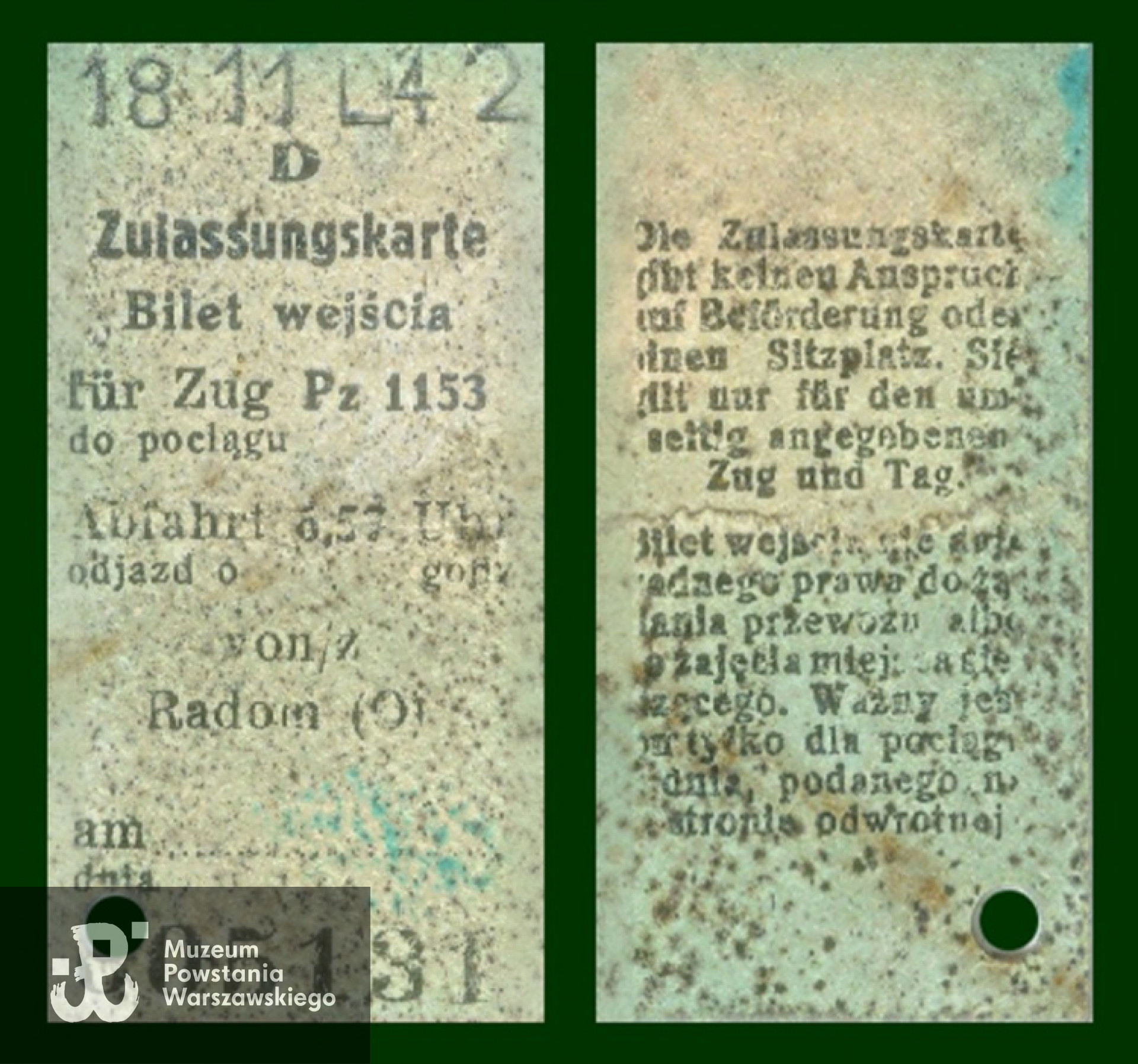 Oryginalny bilet Wandy Głuchowskiej z drogi powrotnej do Warszawy po akcji wysadzenia niemieckiego pociągu pod Jedlnią przez patrol oddziału "Dysk" w dniu 16 listopada 1942 roku. Fot. archiwum rodzinne.