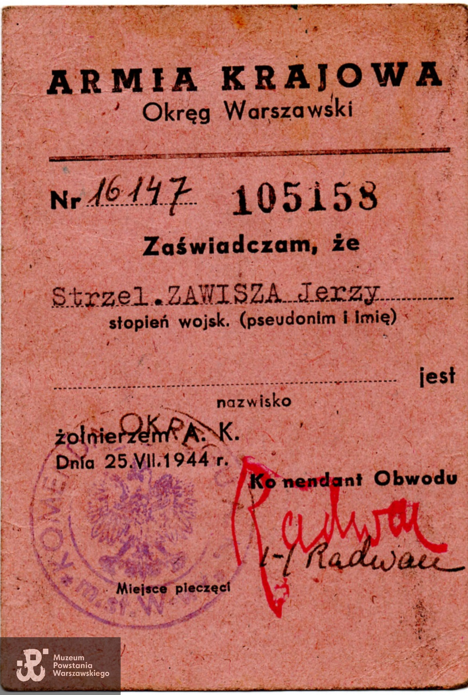 Legitymacja Armii Krajowej należąca do kan. Jerzego Czuby ps. „Zawisza”. Ze zbiorów rodzinnych