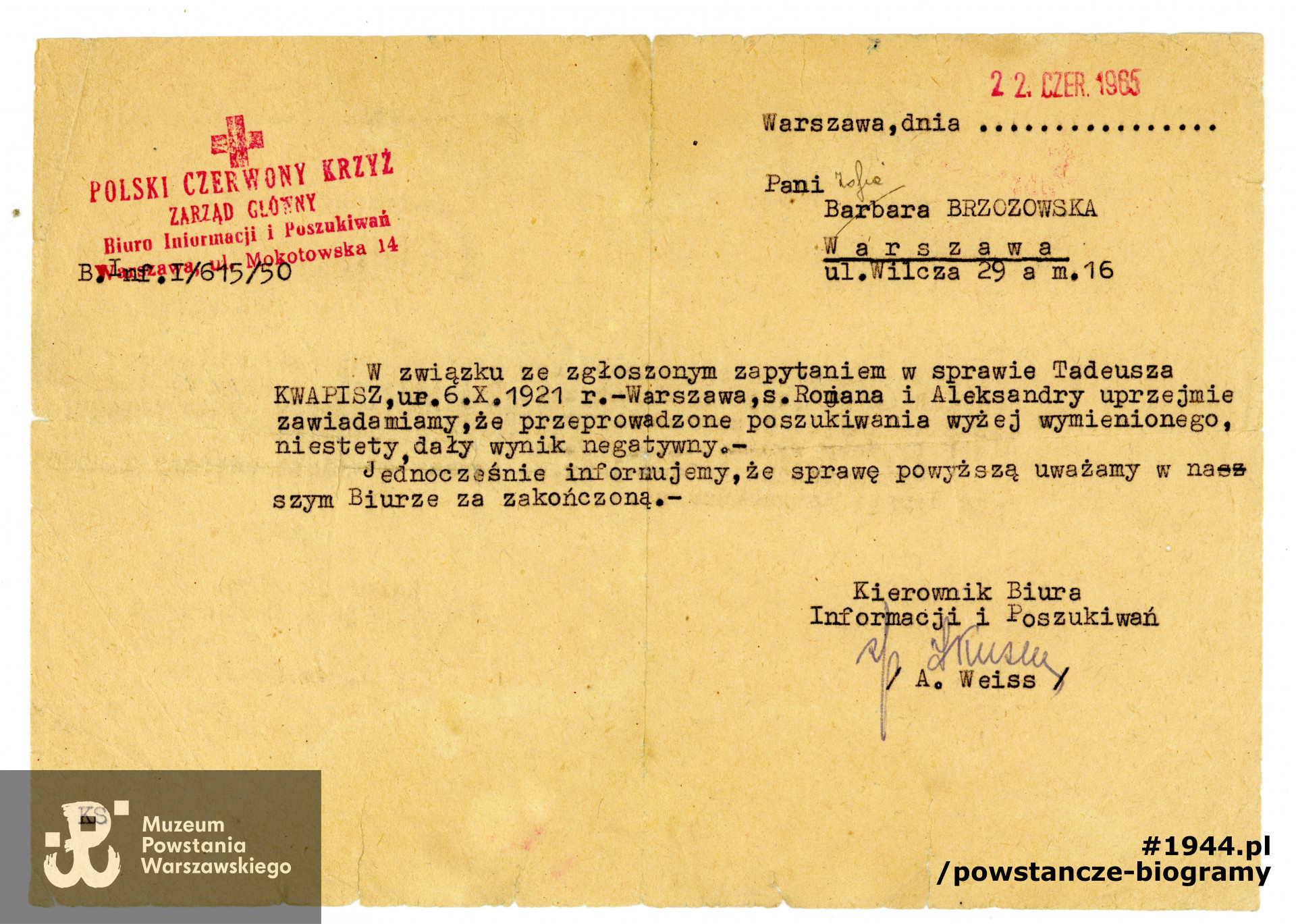 Korespondencja z Czerwonym Krzyżem - ślad poszukiwań prowadzonych po wojnie przez rodzinę.  Z archiwum rodzinnego