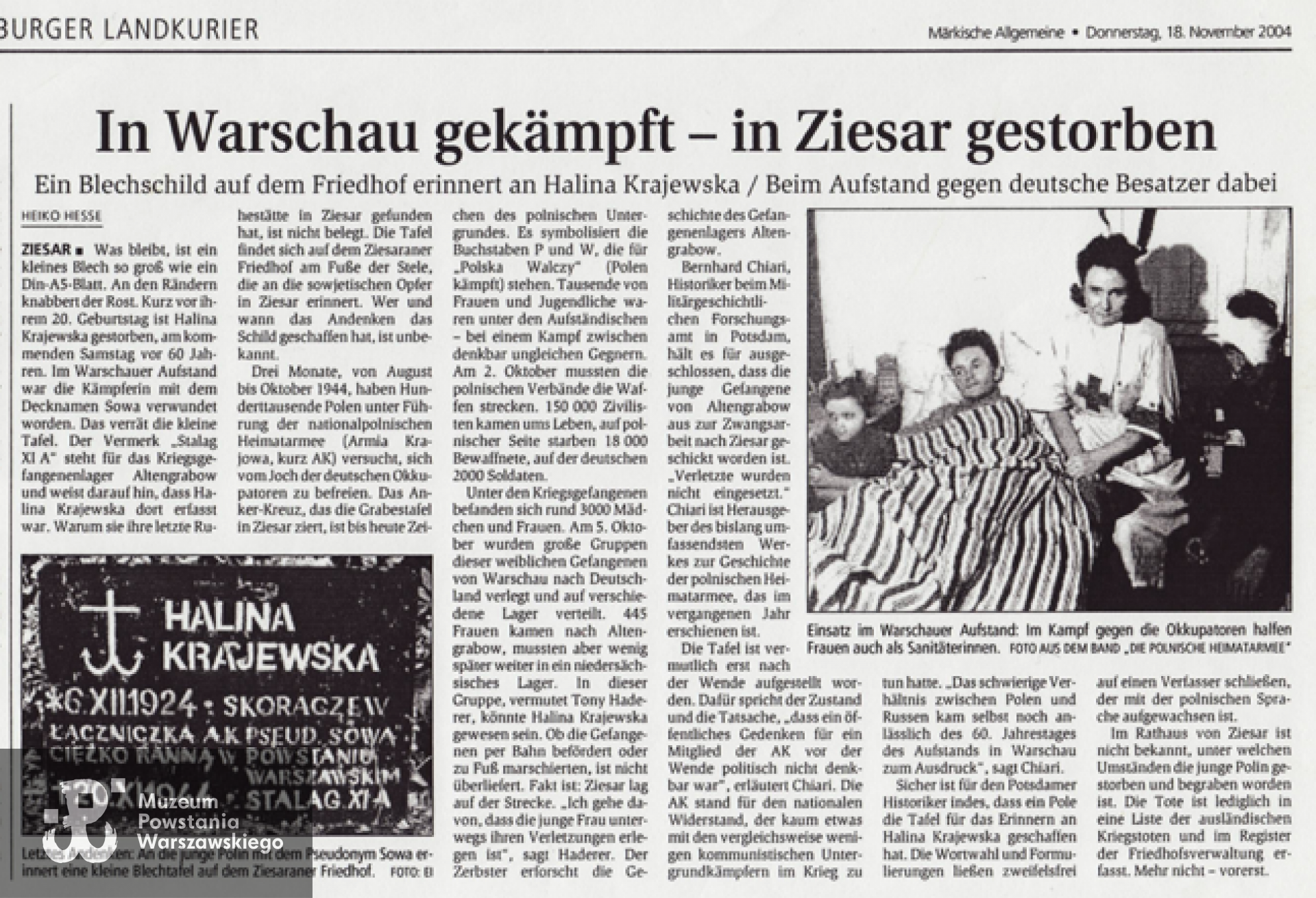 Artykuł w prasie niemieckiej "Walczyła w Warszawie - zmarła w Ziesar"