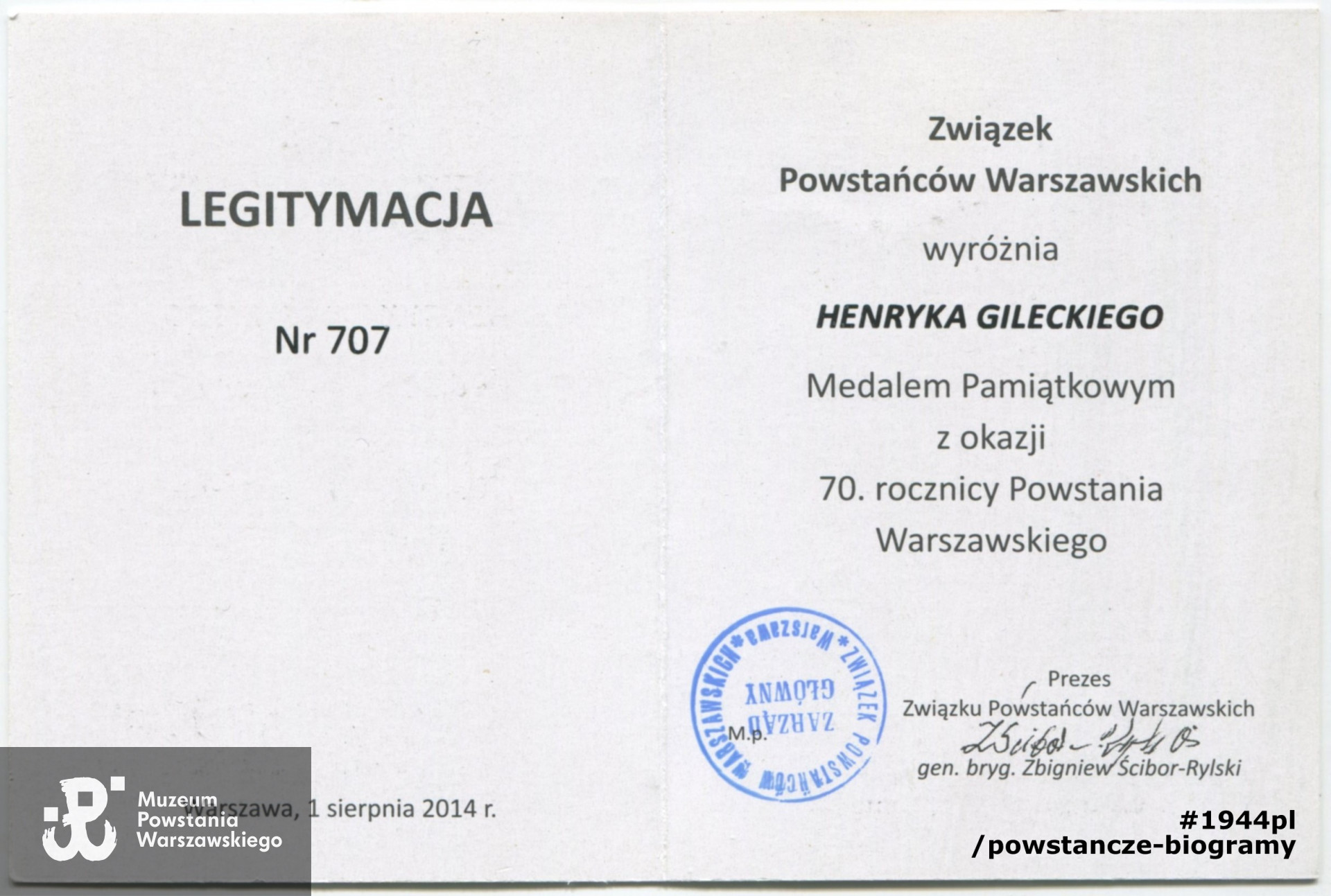 Legitymacja Medalu Pamiątkowego Związku Powstańców Warszawskich. Skan: materiały do Słownika Biograficznego Uczestników PW gromadzone przez Pokój Kombatanta MPW