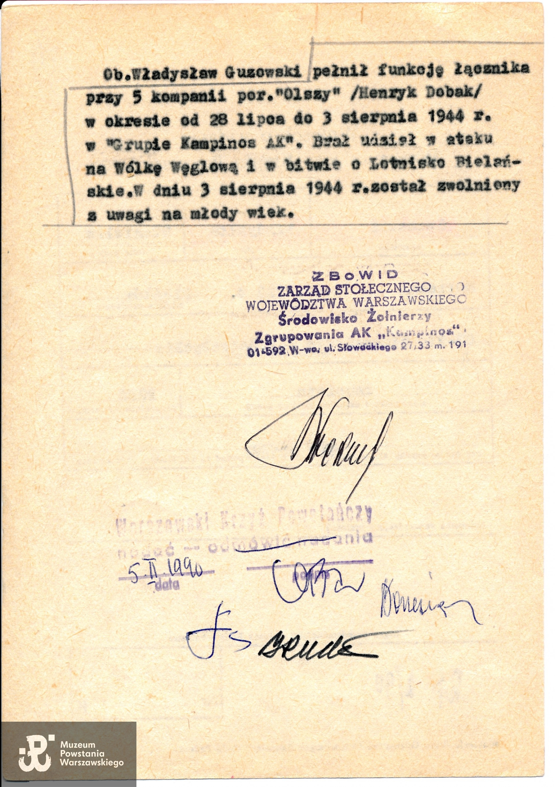 Uzasadnienie wniosku do odznaczenia Warszawskim Krzyżem Powstańczym