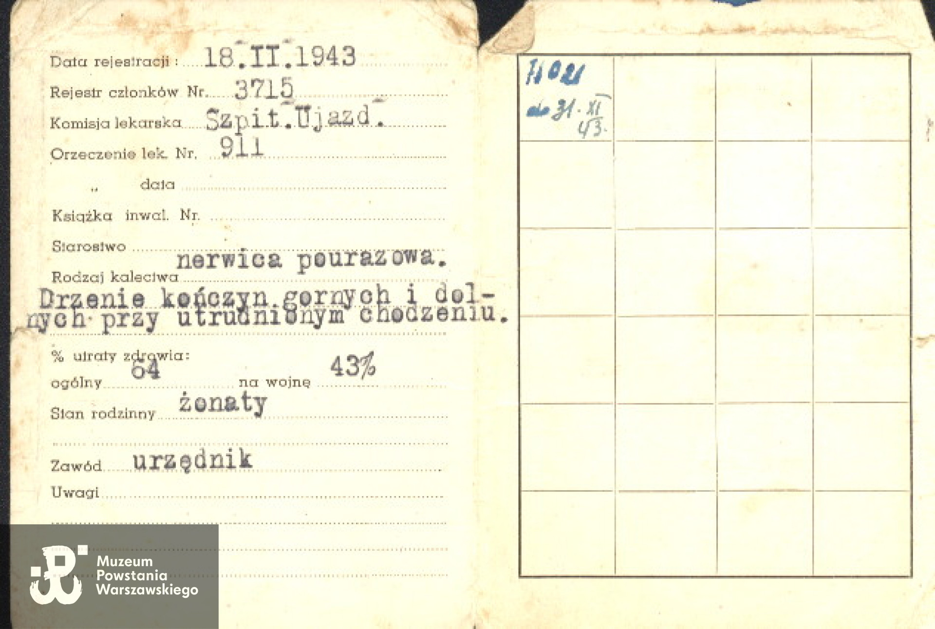 Legitymacja inwalidy wojennego - Warszawa, 18.02.1943