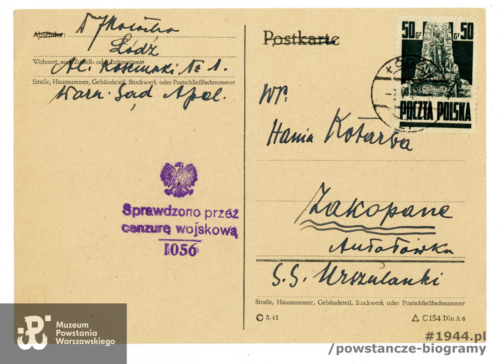 List z archiwum rodzinnego córki, p. Hanny Frytowej z domu Kotarba