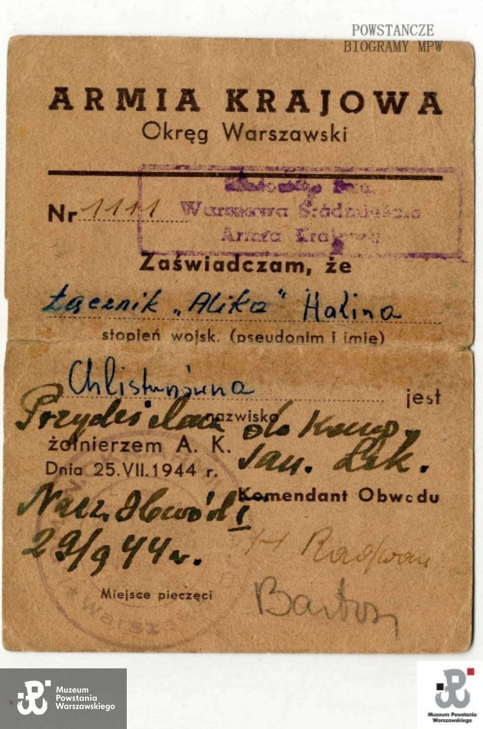 Należąca do Haliny legitymacja Armii Krajowej - ze zbiorów Muzeum Powstania Warszawskiego, sygn. MPW-A/1786 [P/2263]