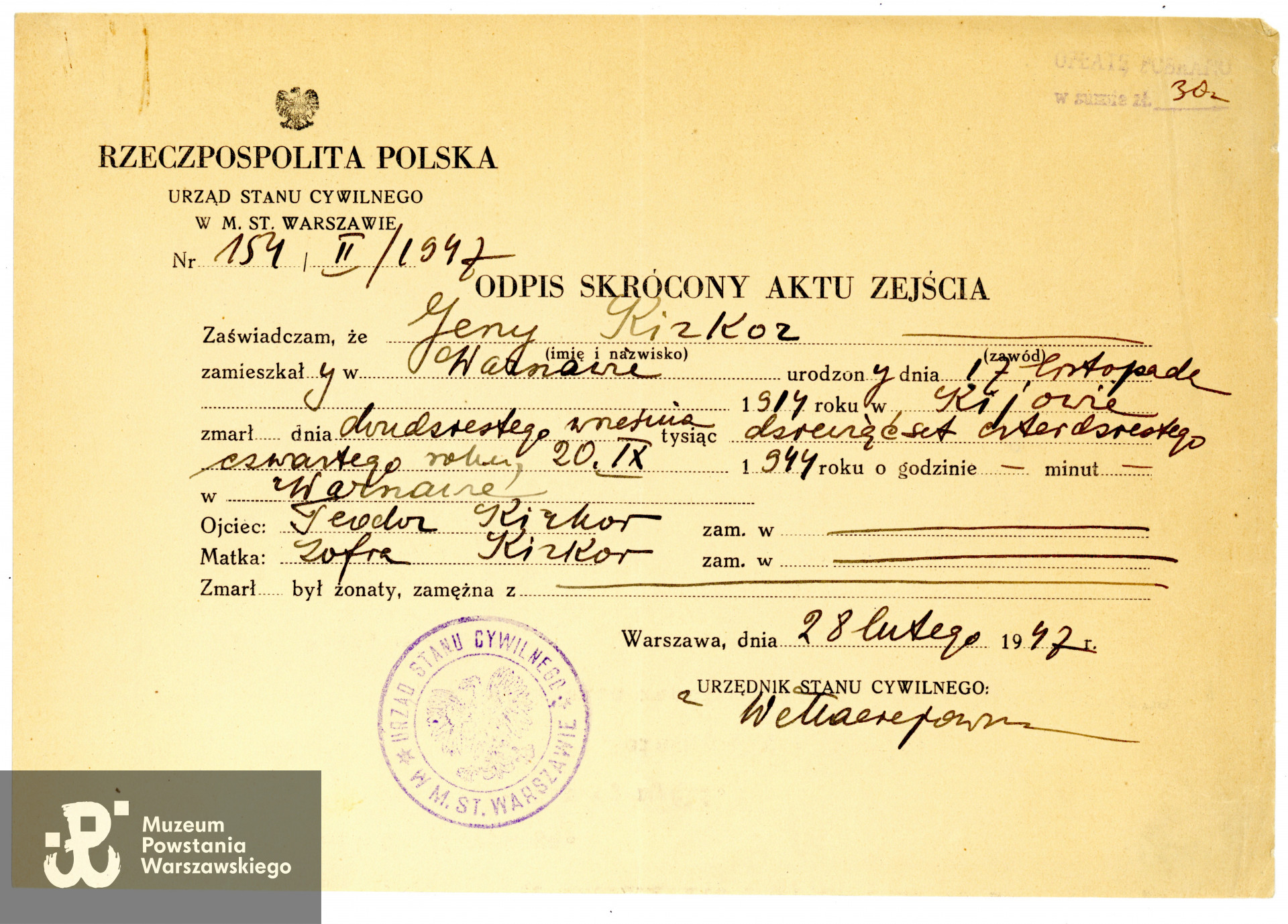 Odpis skrócony aktu zejścia. Dokument ze zbiorów rodzinnych, w imieniu Mamy, p. Joanny Wymann, udostępniła p. Helena Schaer, wnuczka Haliny Kirkor