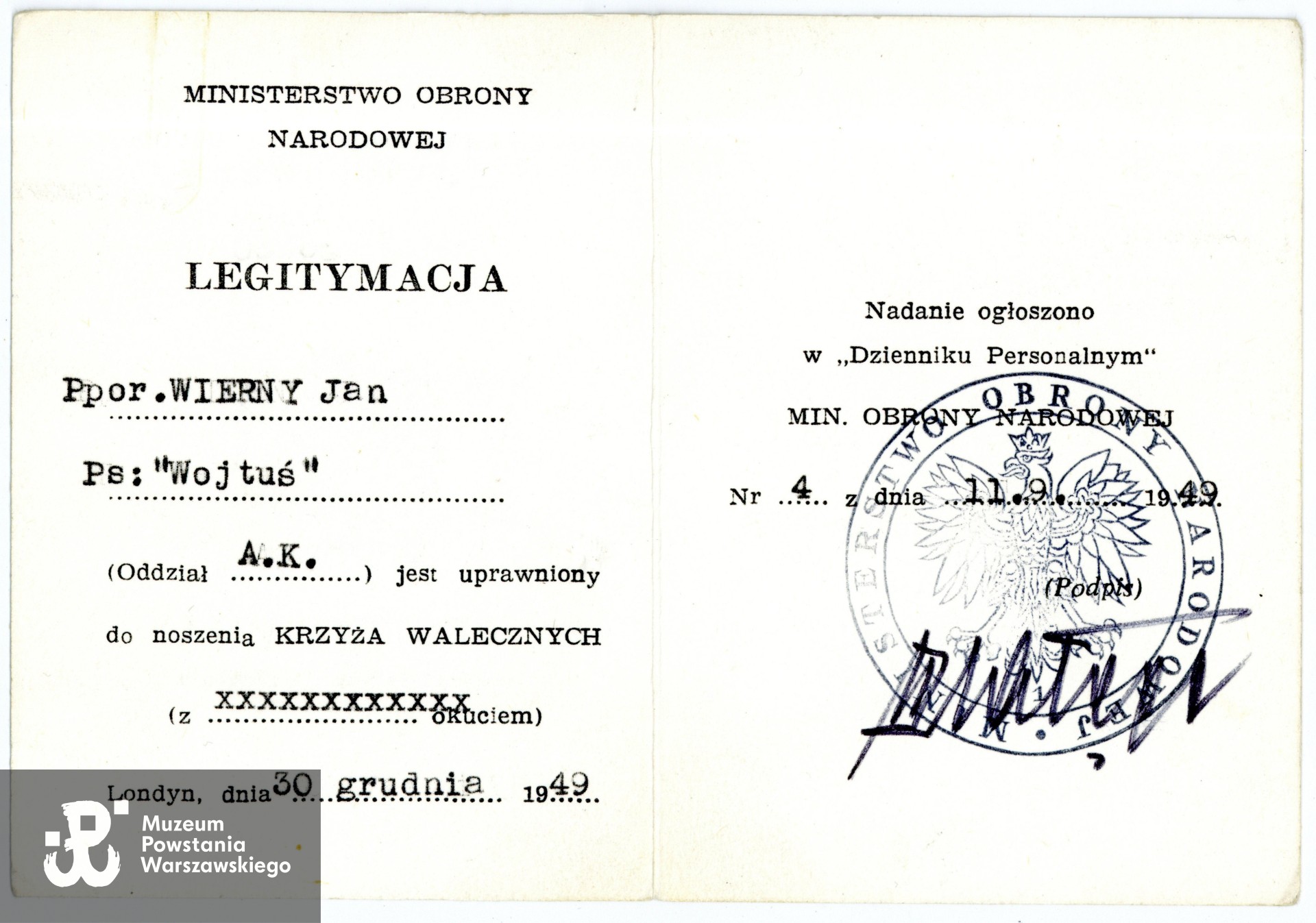 Legitymacja odznaczeniowa - Krzyż Walecznych. Ze zbiorów rodzinnych p. Joanny Lechowicz, córki Powstańca. Skany wykonano w Muzeum Powstania Warszawskiego wiosną 2025 r. 