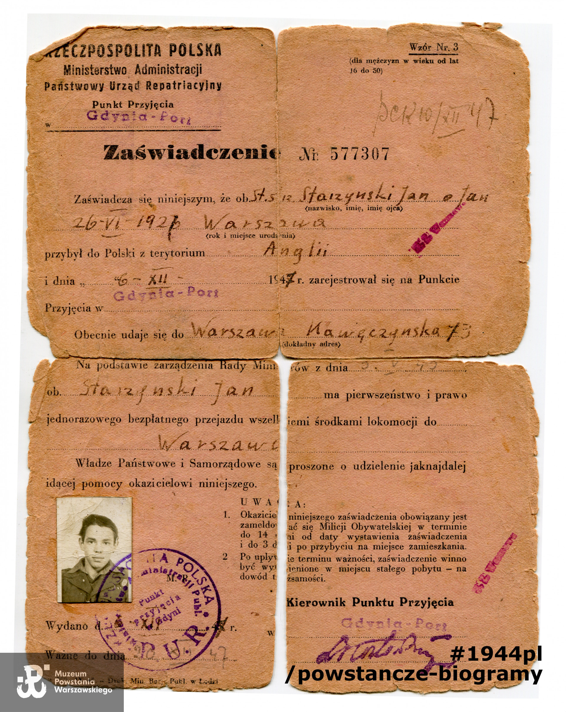 Zaświadczenie Państwowego Urzędu Repatriacyjnego (PUR). Dokument  z archiwum rodzinnego p. Iwony Powierzy