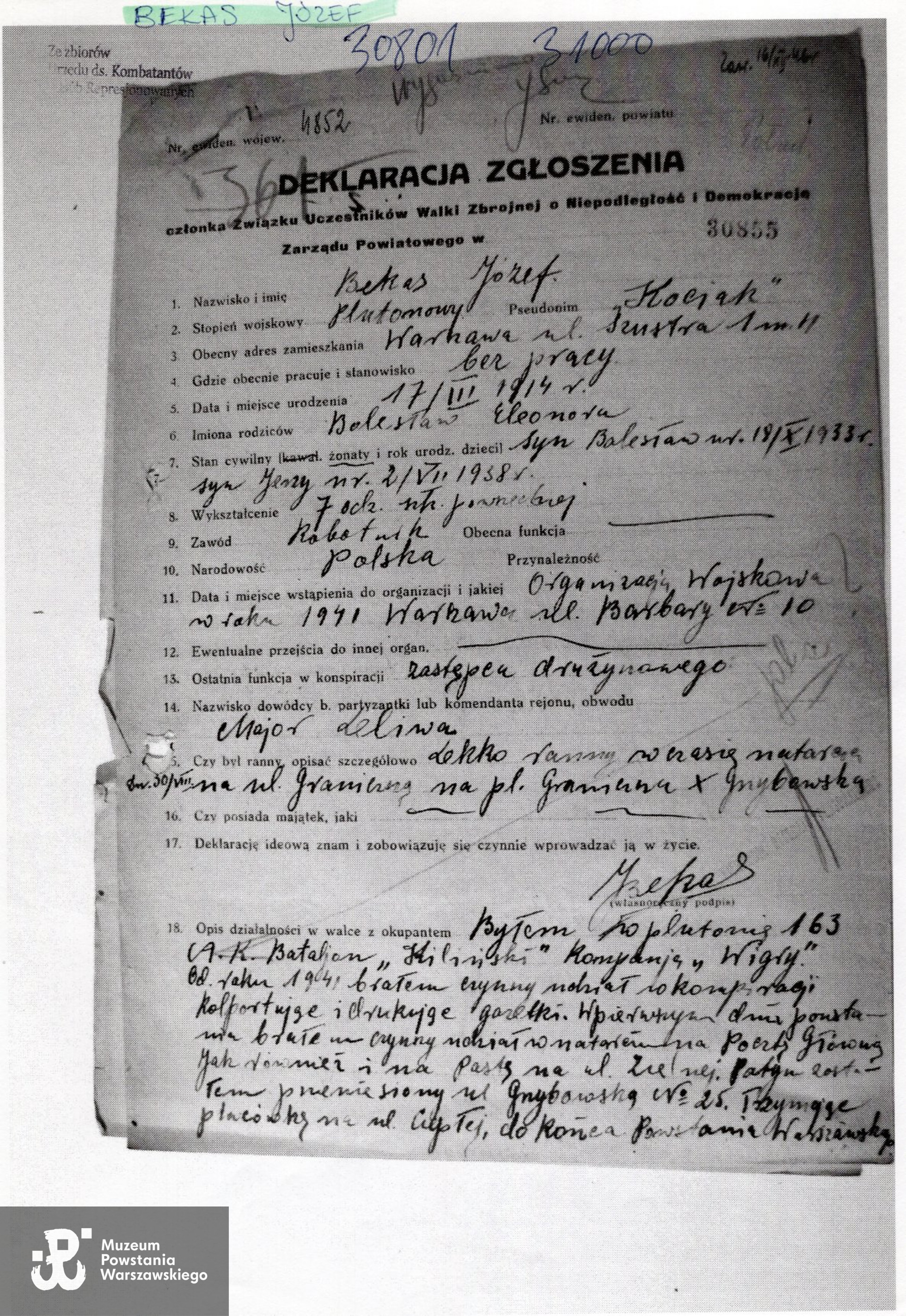 Muzeum Powstania Warszawskiego, Teczki personalne uczestników Powstania Warszawskiego: Bekas Józef ps. Kociak, UdsKiOR - deklaracja zgłoszeniowa do ZBoWiD