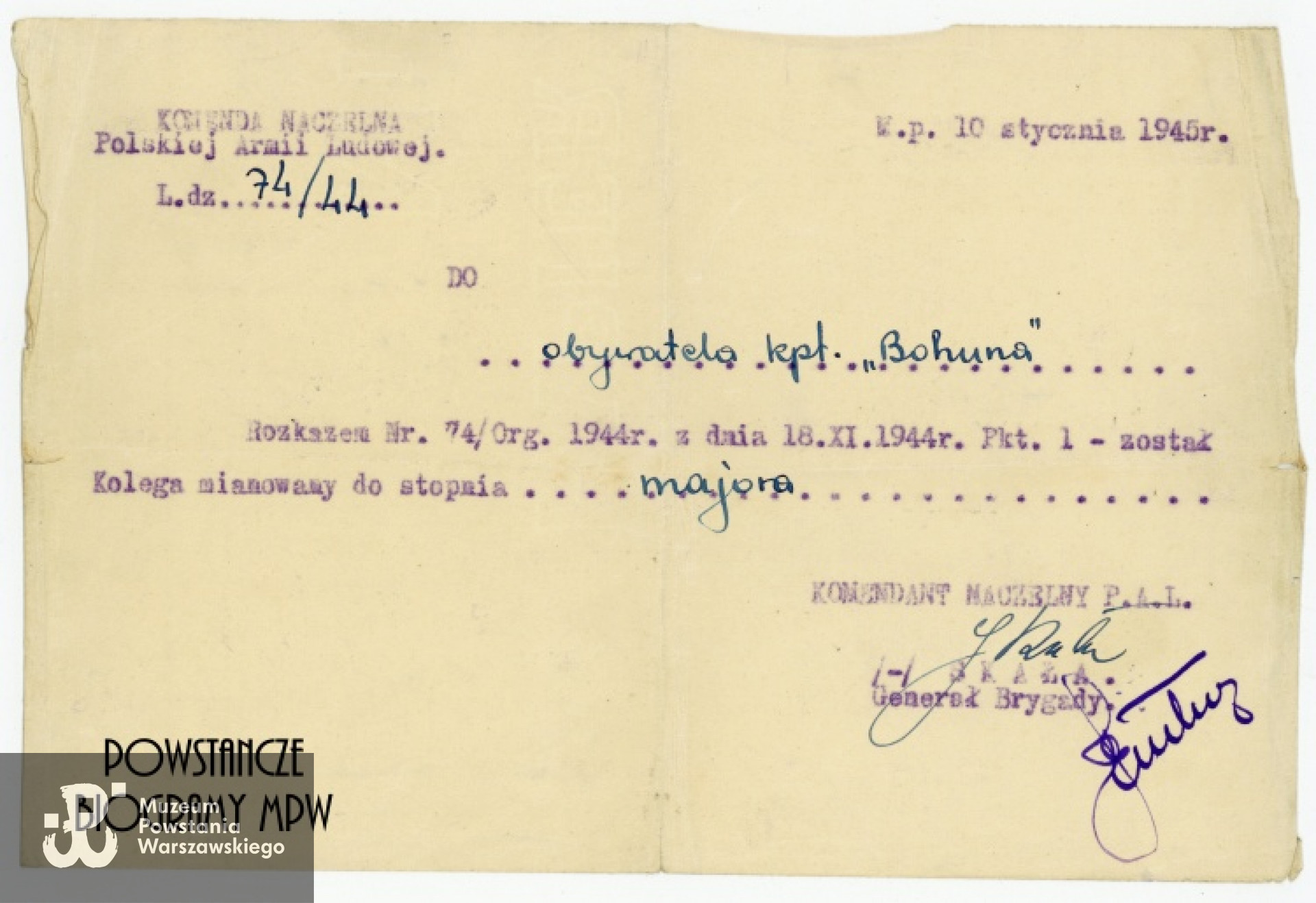 Rozkaz awansowy kpt. "Bohuna" z 10 stycznia 1945 r. Ze zbiorów Muzeum Powstania Warszawskiego, sygn. P/7657