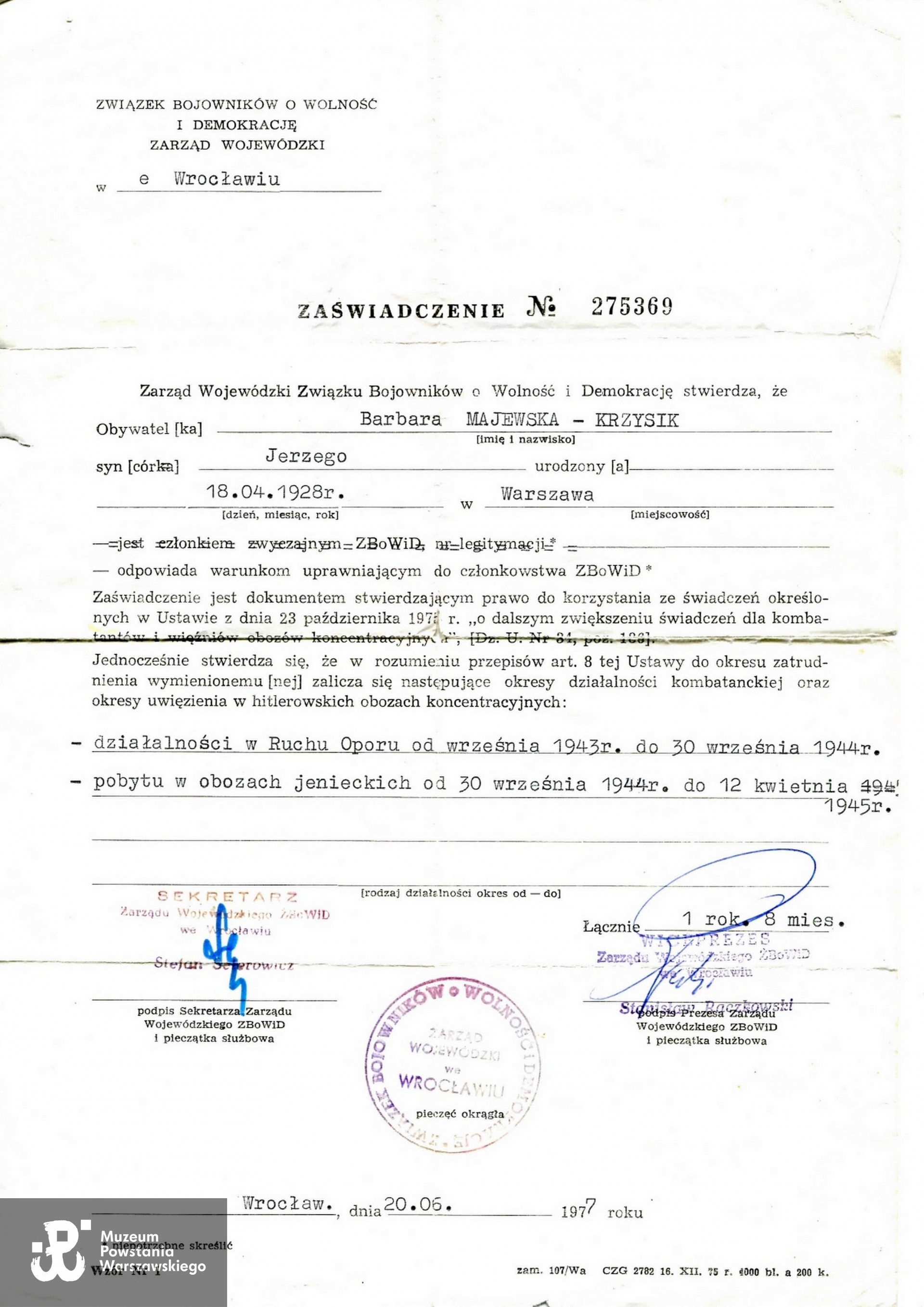 Zaświadczenie ZBoWiD, Zarząd Wojewódzki we Wrocławiu