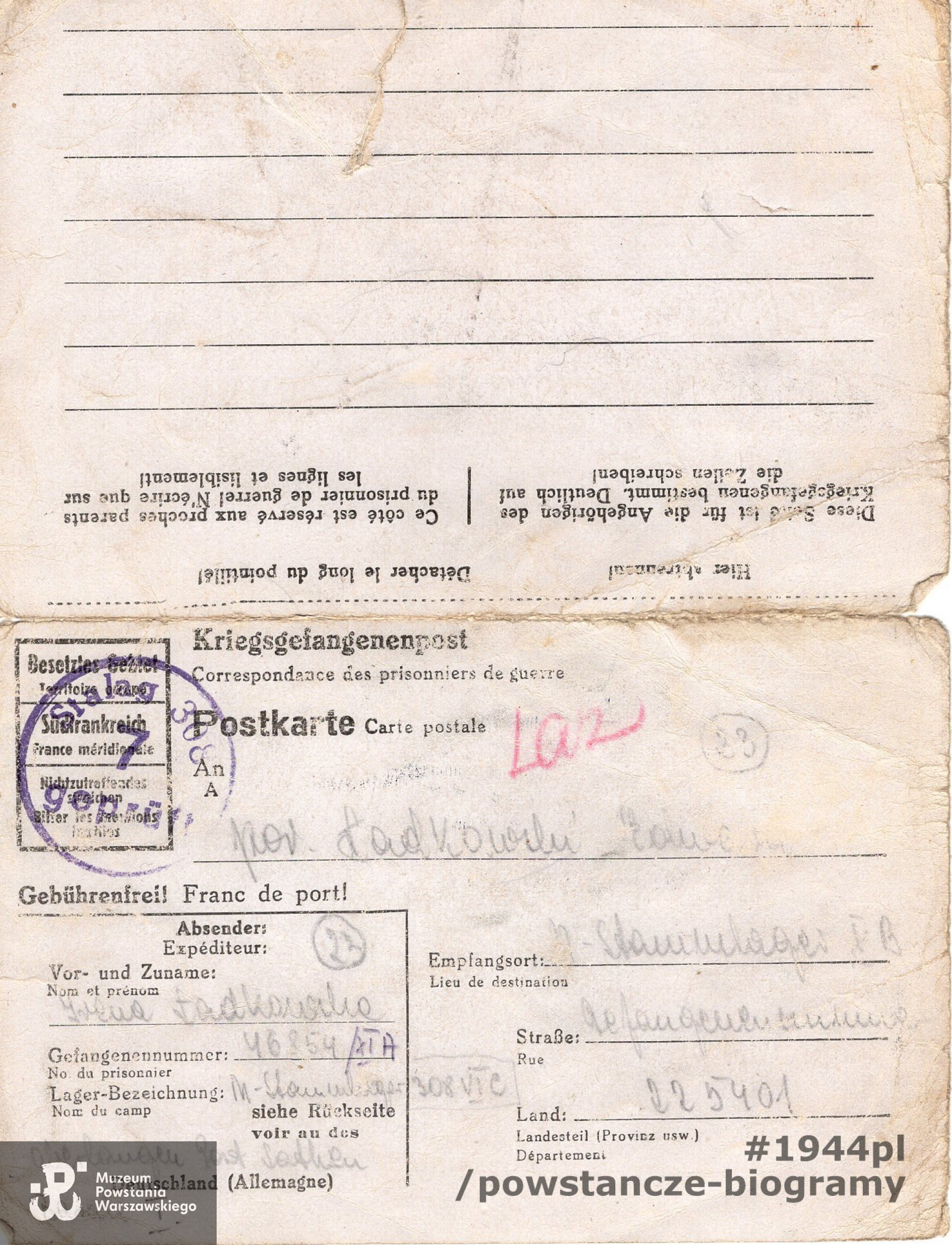 Listy obozowe  Ireny do por. por. Edwarda Ładkowskiego "Kulawego". Ze zbiorów Muzeum Powstania Warszawskiego