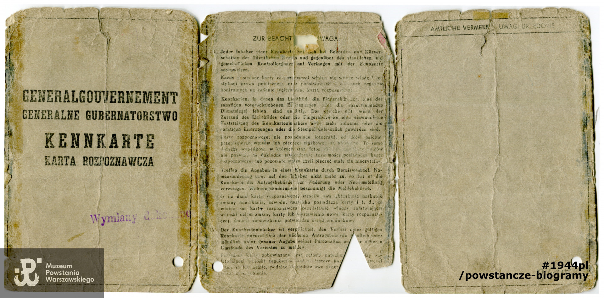 Karta rozpoznawcza, nr rozpoznawczy 1557, wystawiona 30.03.1942 roku w Warszawie, na nazwisko: Chudoliński Wacław, zawiera fotografię wraz z odciskami palców i podpisem, ważna do 30.03.1947 roku. Adnotacje o dwóch miejscach zamieszkania. Ze zbiorów Muzeum Powstania Warszawskiego, sygn. MPW-A-3826 (P/4315)