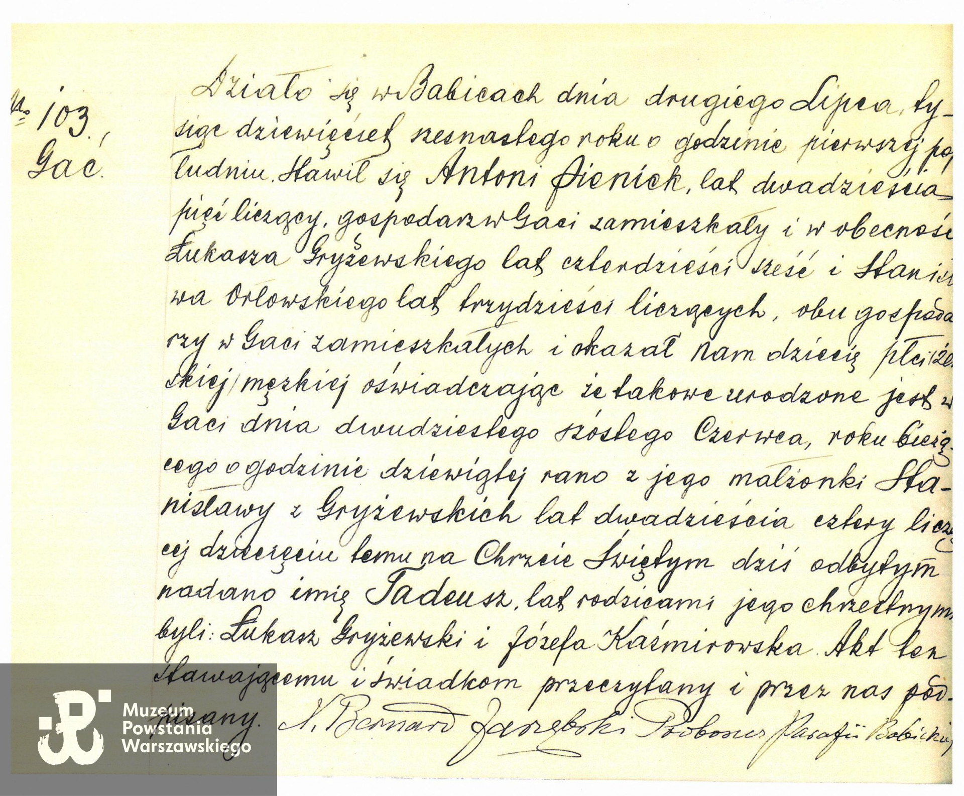 Odpis aktu chrztu -  kopia USC Babice, udostępniła wnuczka, p. Emilia Pawela z domu Pieniek