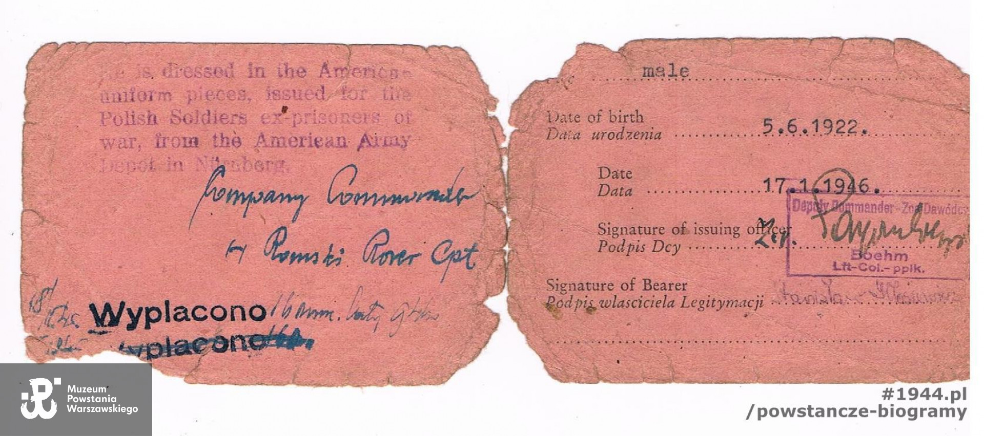 Należąca do Stanisława legitymacja  Allied Land Contingent Polish Forces. Z archiwum rodzinnego syna, p. Krzysztofa Kłosiewicza