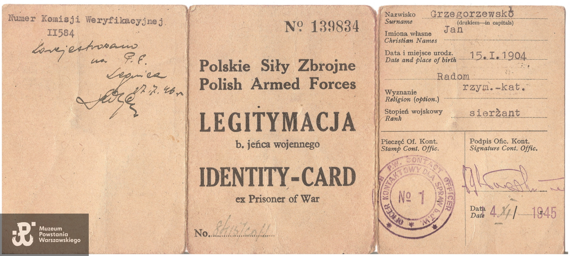 Legitymacja byłego jeńca wojennego - Polskie Siły Zbrojne. Z archiwum rodzinnego córki,  p. Wandy Grzegorzewskiej - Zylm udostępniła p. Monika Zylm - Kosiedowska