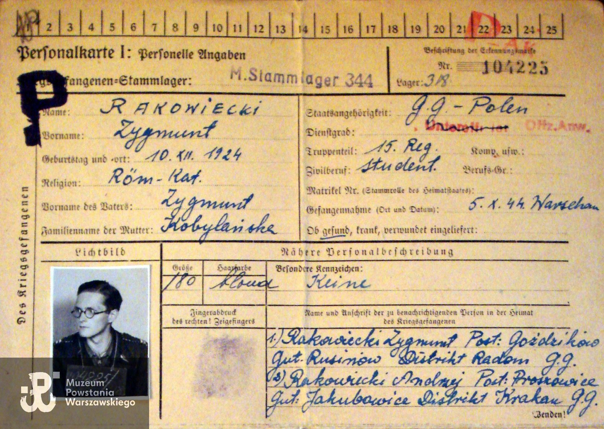 Obozowa Karta Ewidencyjna Zygmunta Rakowieckiego. Ze zbiorów Zygmunta Rakowieckiego/Archiwum 2. HBAP "Żbik"