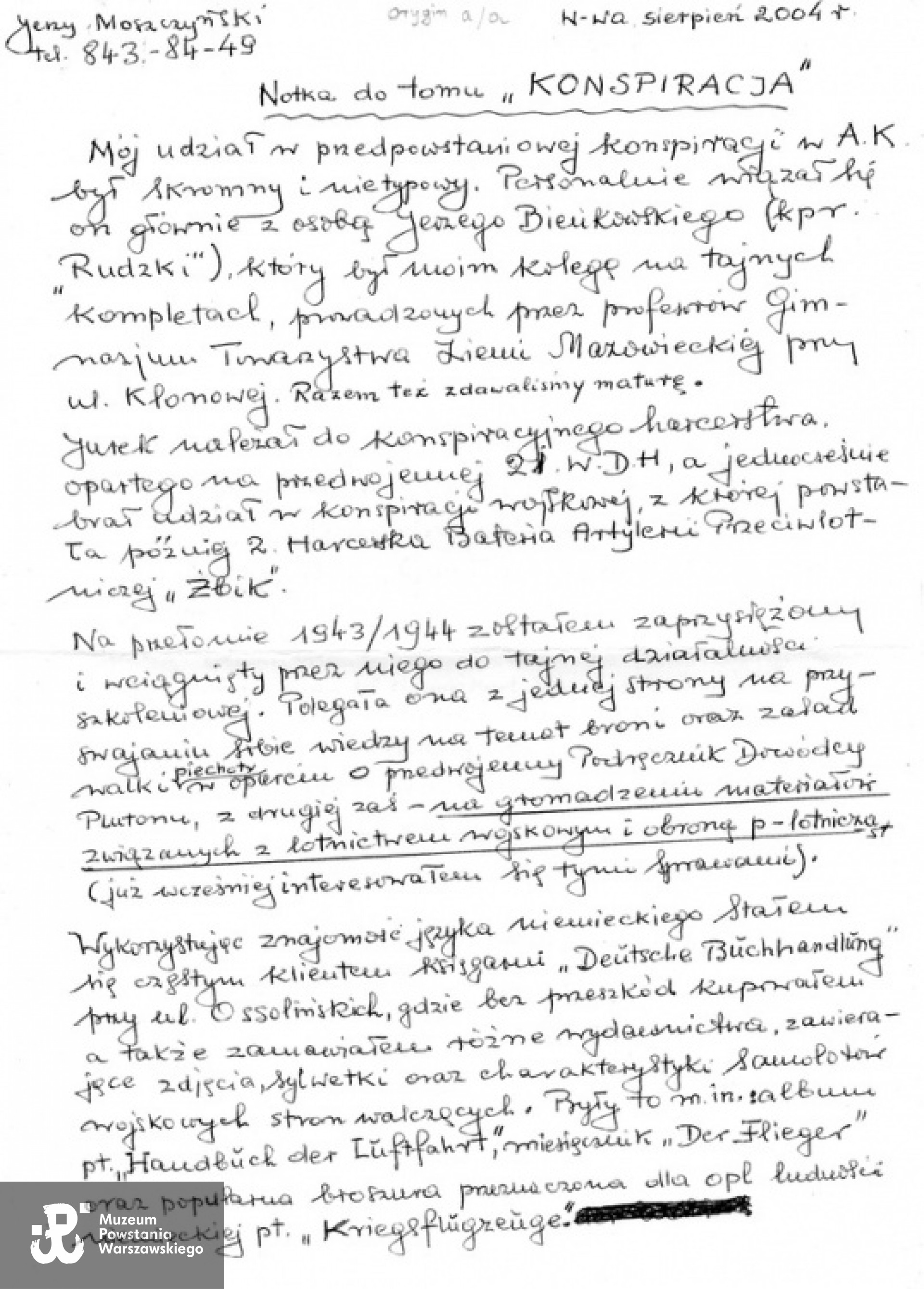 Rękopis przekazany M. Kledzikowi. Ze zbiorów Archiwum 2 HBAP "Żbik".