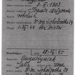 Polski Czerwony Krzyż - kartoteka. Poszukiwanie żony, Julii Augustyniak z 21 VIII 1945