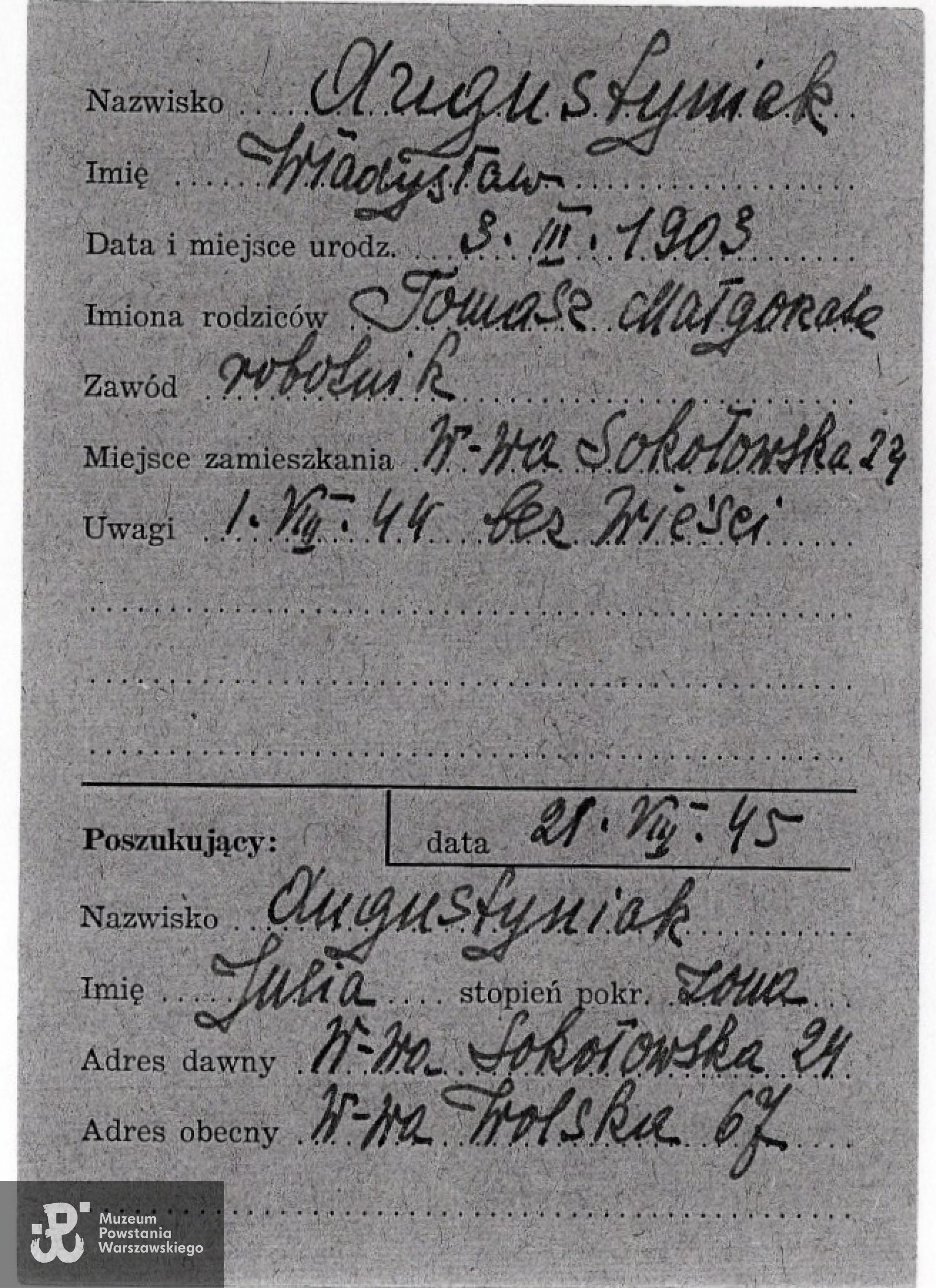 Polski Czerwony Krzyż - kartoteka. Poszukiwanie żony, Julii Augustyniak z 21 VIII 1945