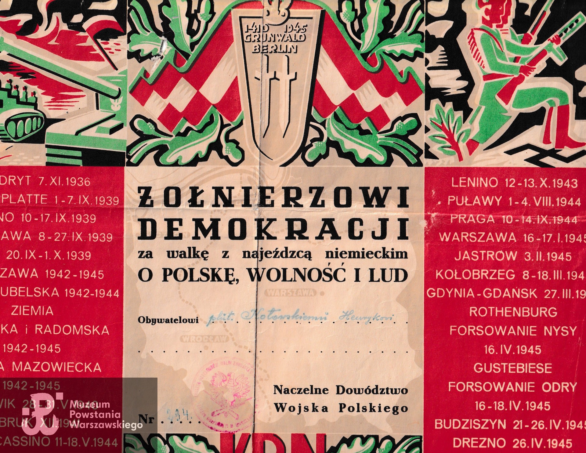  Dyplom "Żołnierzowi Demokracji za walkę z najeźdźcą niemieckim o Polskę, Wolność i Lud". Dokument ze zbiorów p. Stanisława Kotowskiego, syna Powstańca