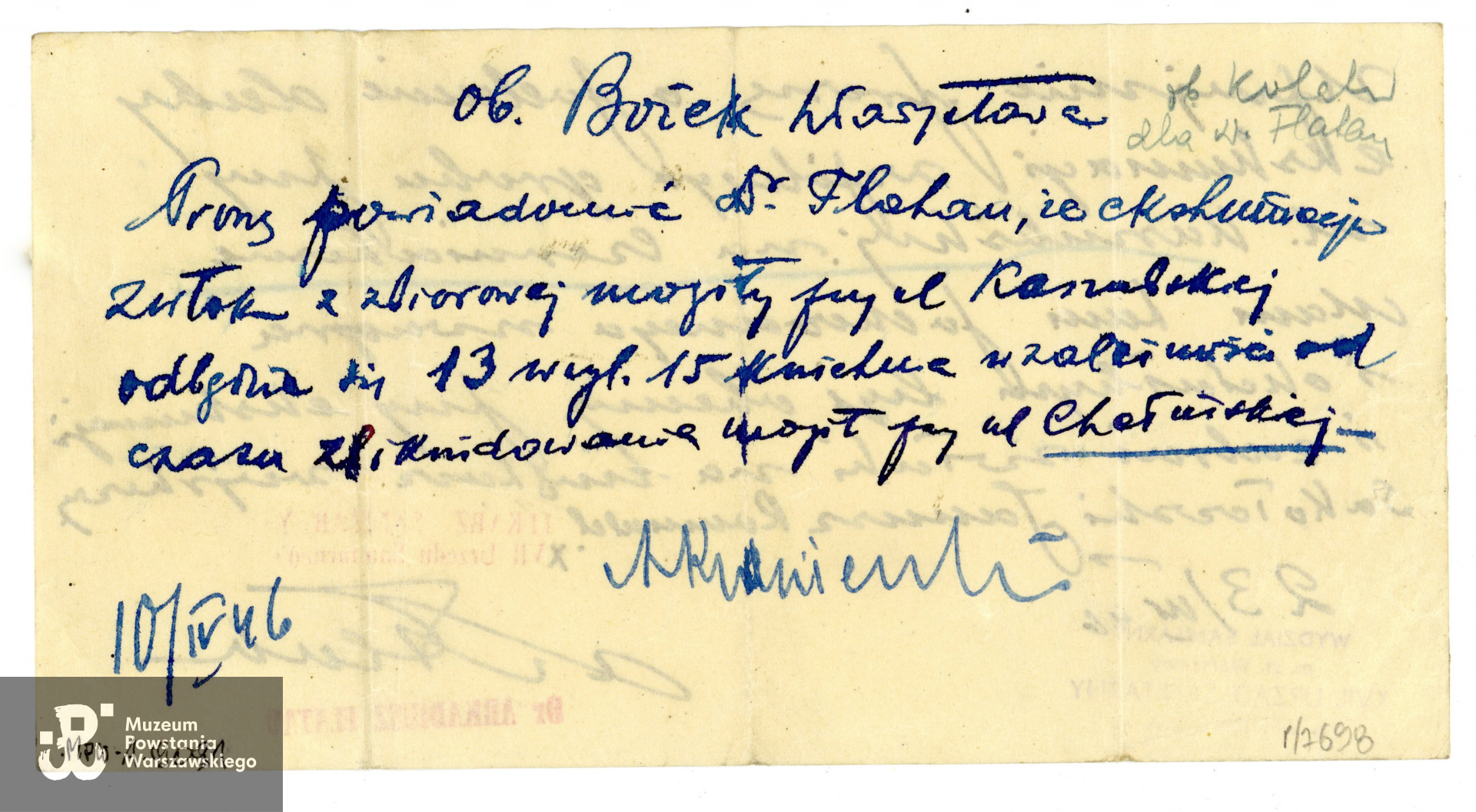 Zawiadomienia o ekshumacji  mogiły zbiorowej znajdującej się przy ul. Kaszubskiej 16 w Warszawie, skąd wydobyto zwłoki Romualda Janusza Sokołowskiego. Ze zbiorów Muzeum Powstania Warszawskiego, MPW-A-9091