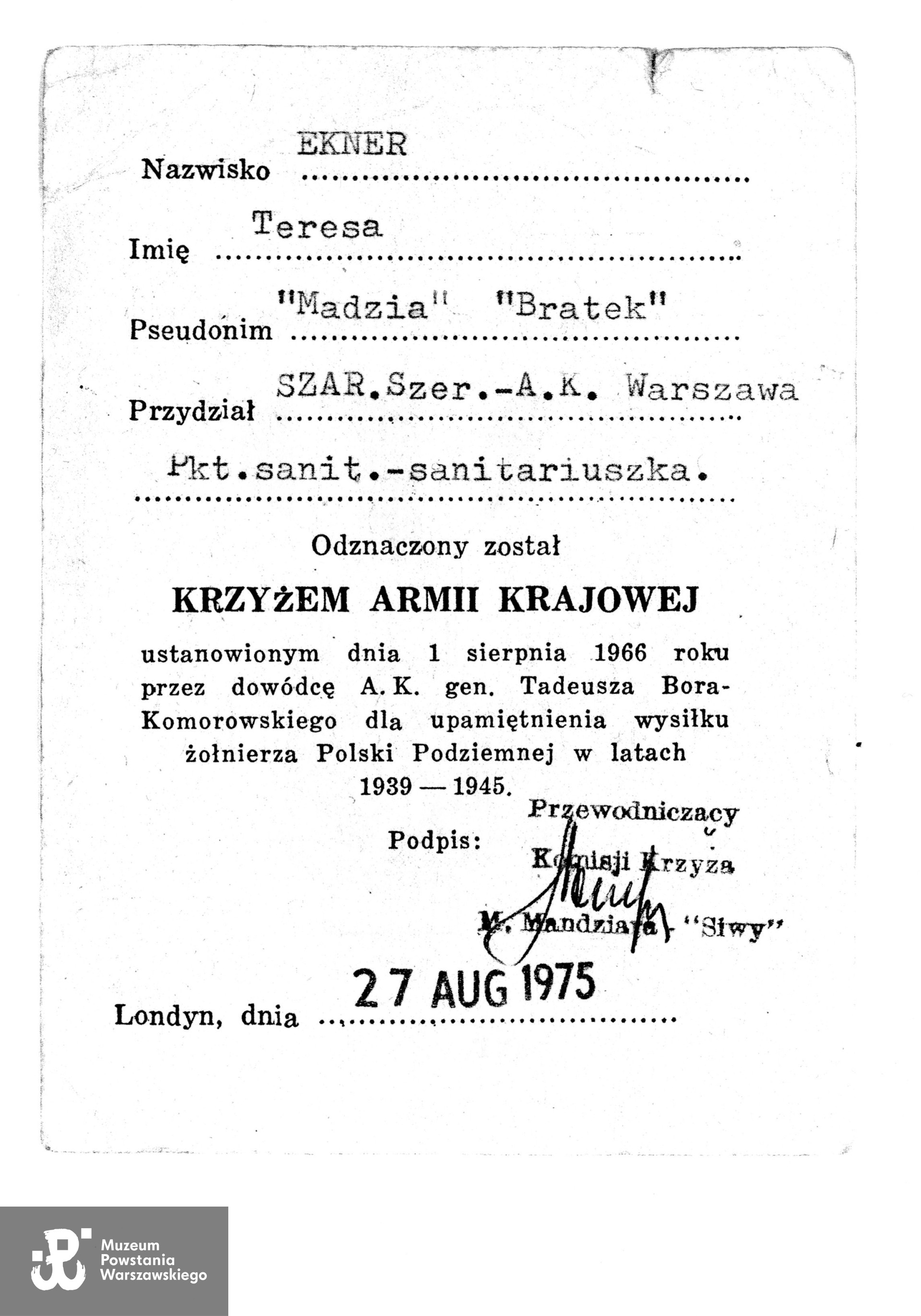 Kserokopia legitymacji Krzyża AK, źr. Teczki personalne uczestników Powstania Warszawskiego, zasób Działu Kombatanta MPW