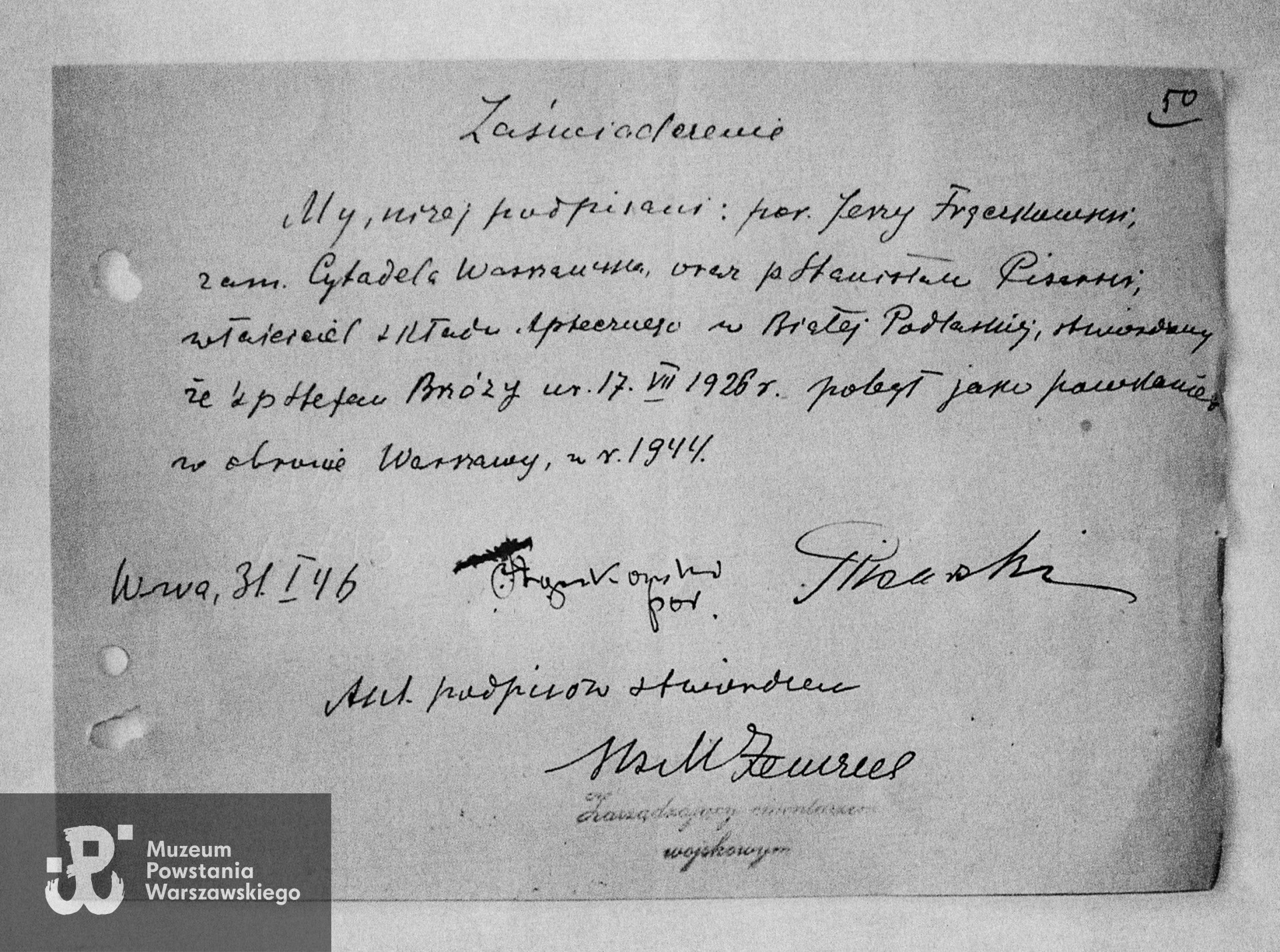 Oświadczenie świadków w sprawie śmierci Stefana Brzózy podpisane przez por. Jerzego Frączkowskiego, ojczyma Stefana. Źródło: Zarząd Cmentarzy Komunalnych w Warszawie - Cmentarz Powązki Wojskowe, Księga Pochowań 1946, 1-193 