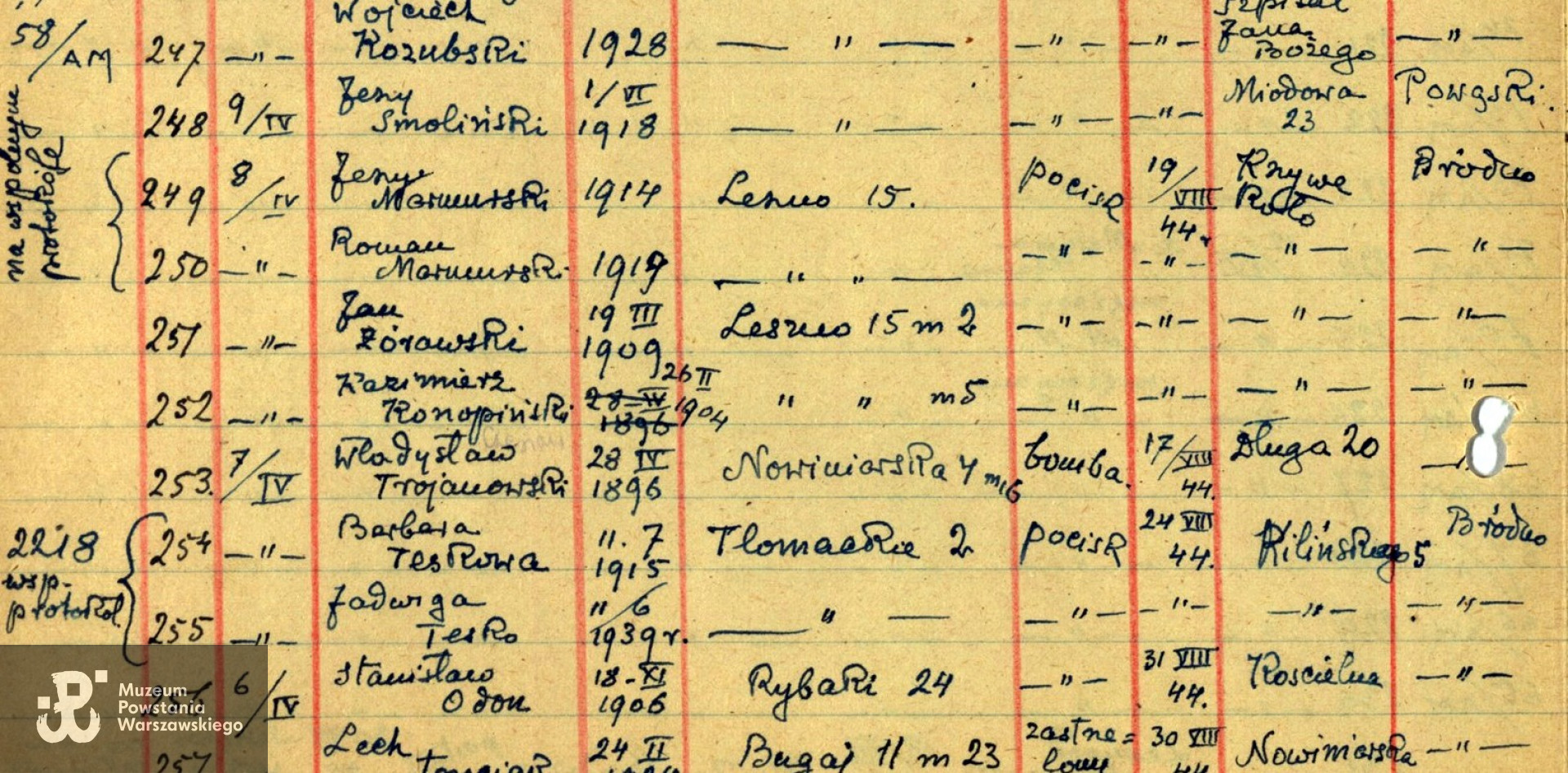 Fragment listy ekshumowanych ze zbiorów Archiwum Państwowego m. st. Warszawy - pozycja 249: Jerzy Marmurski, ur. 1914