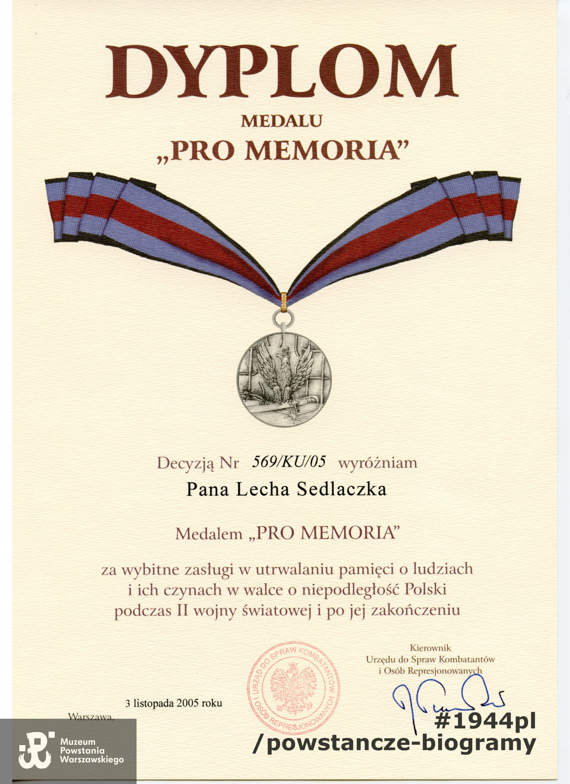 Dyplom Medalu "Pro Memoria". Z archiwum rodzinnego p. Lecha Sedlaczka ps. Hak