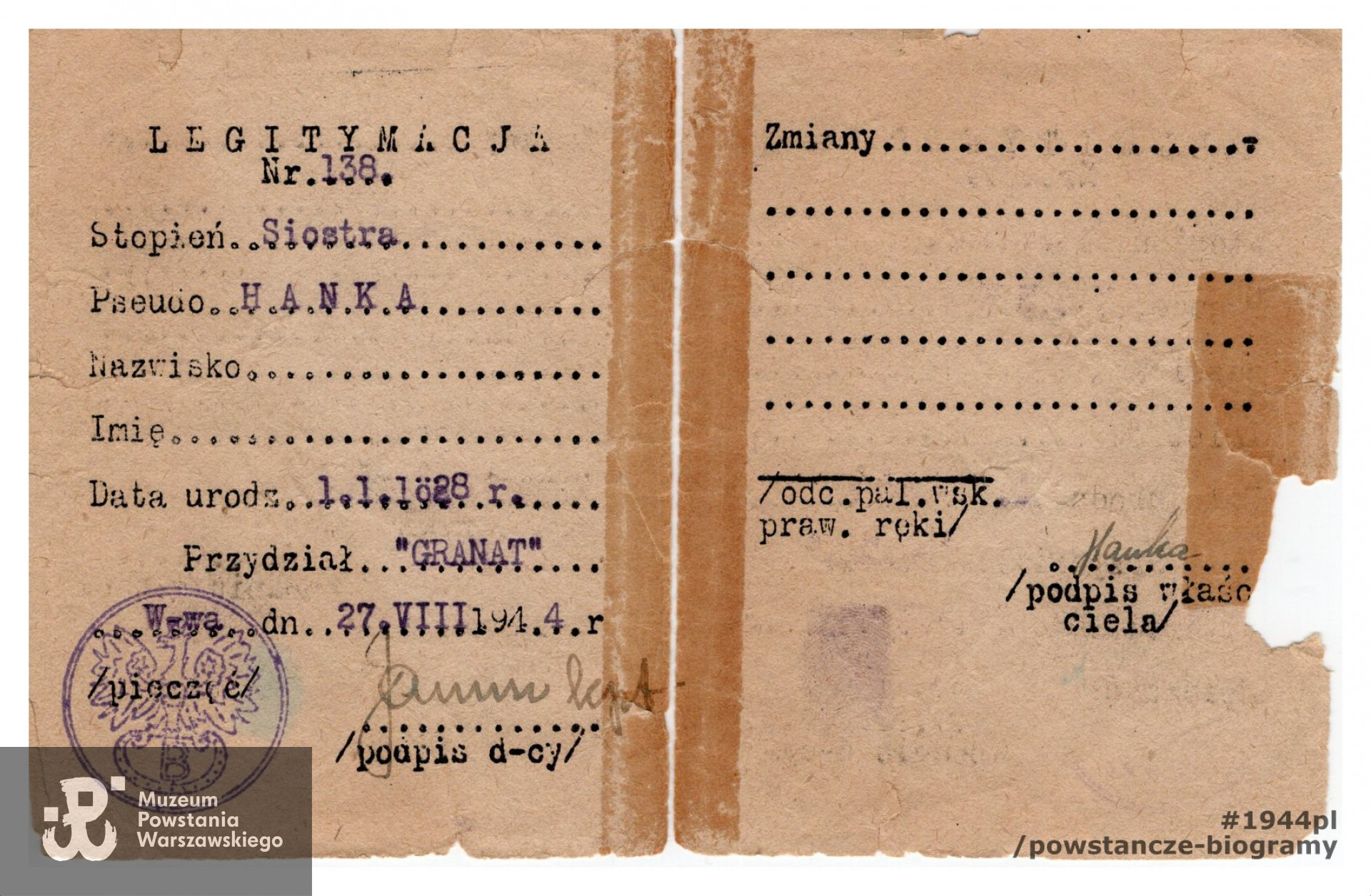 Legitymacja (tymczasowa) AK, nr 138,  wystawiona z datą 27.08.1944 r. Stopień i nazwisko:[sanitariuszka] siostra "Hanka" [Hanna Trochim] . Na odwrocie przydział: Grupa artyleryjska „Granat”. Ze zbiorów Muzeum Powstania Warszawskiego, sygn.  MPW-A-8031 (P/7120/10)