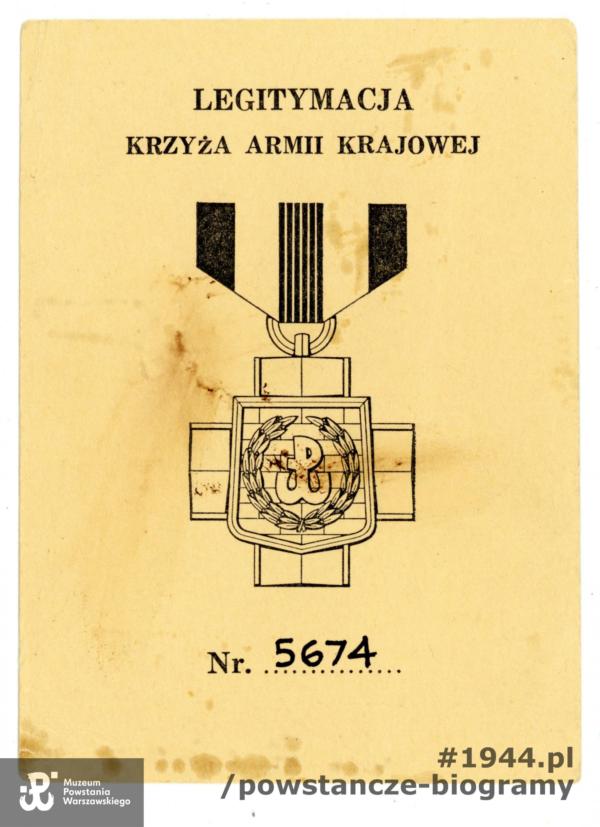 Legitymacja Krzyża Armii Krajowej. Ze zbiorów Muzeum Powstania Warszawskiego, P/2505
