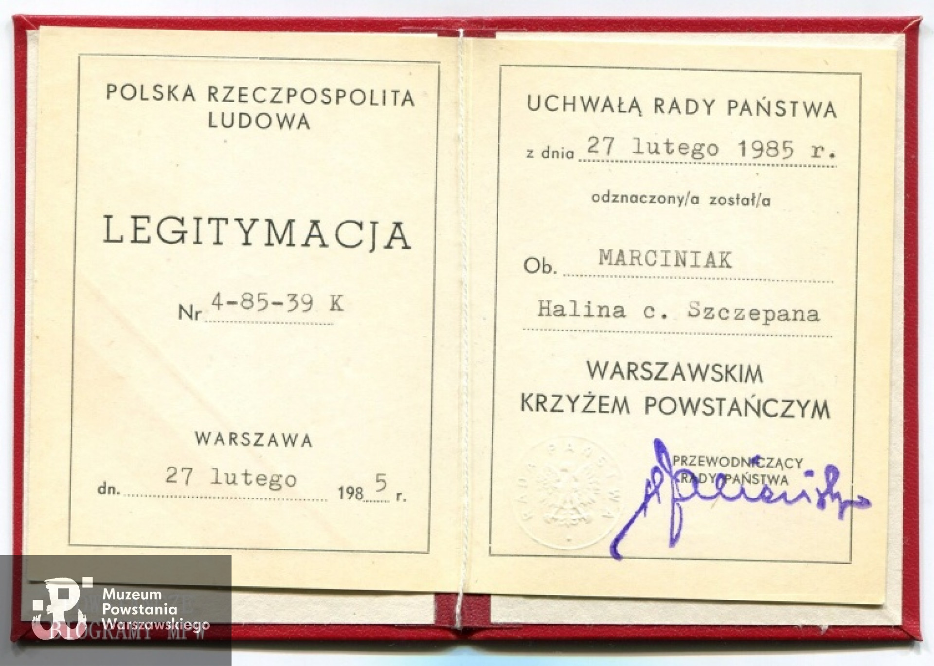 Legitymacja odznaczeniowa - Warszawski Krzyż Powstańczy. Fot. archiwum rodzinne