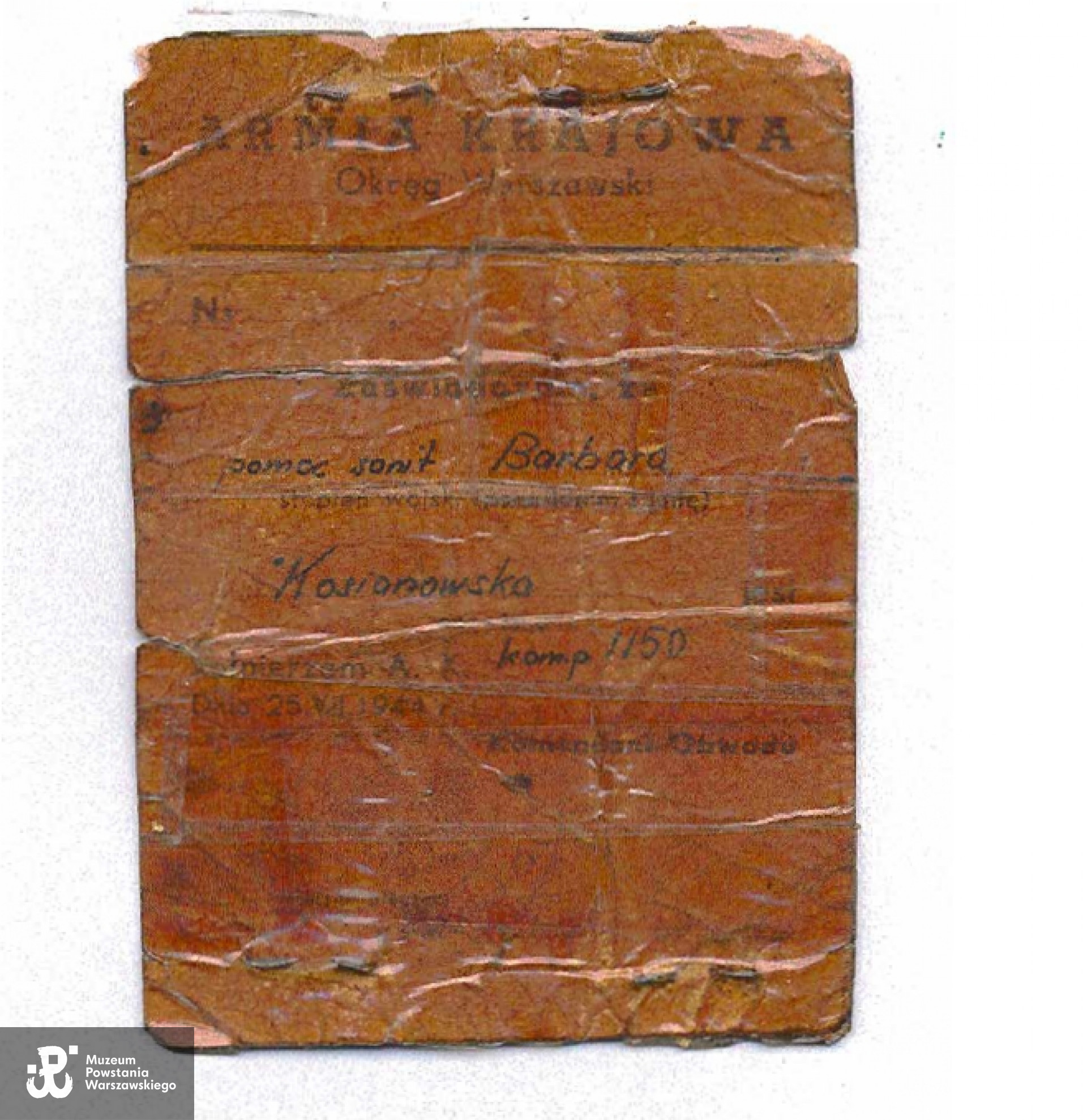 Należąca do Barbary Kosianowskiej legitymacja Armii Krajowej