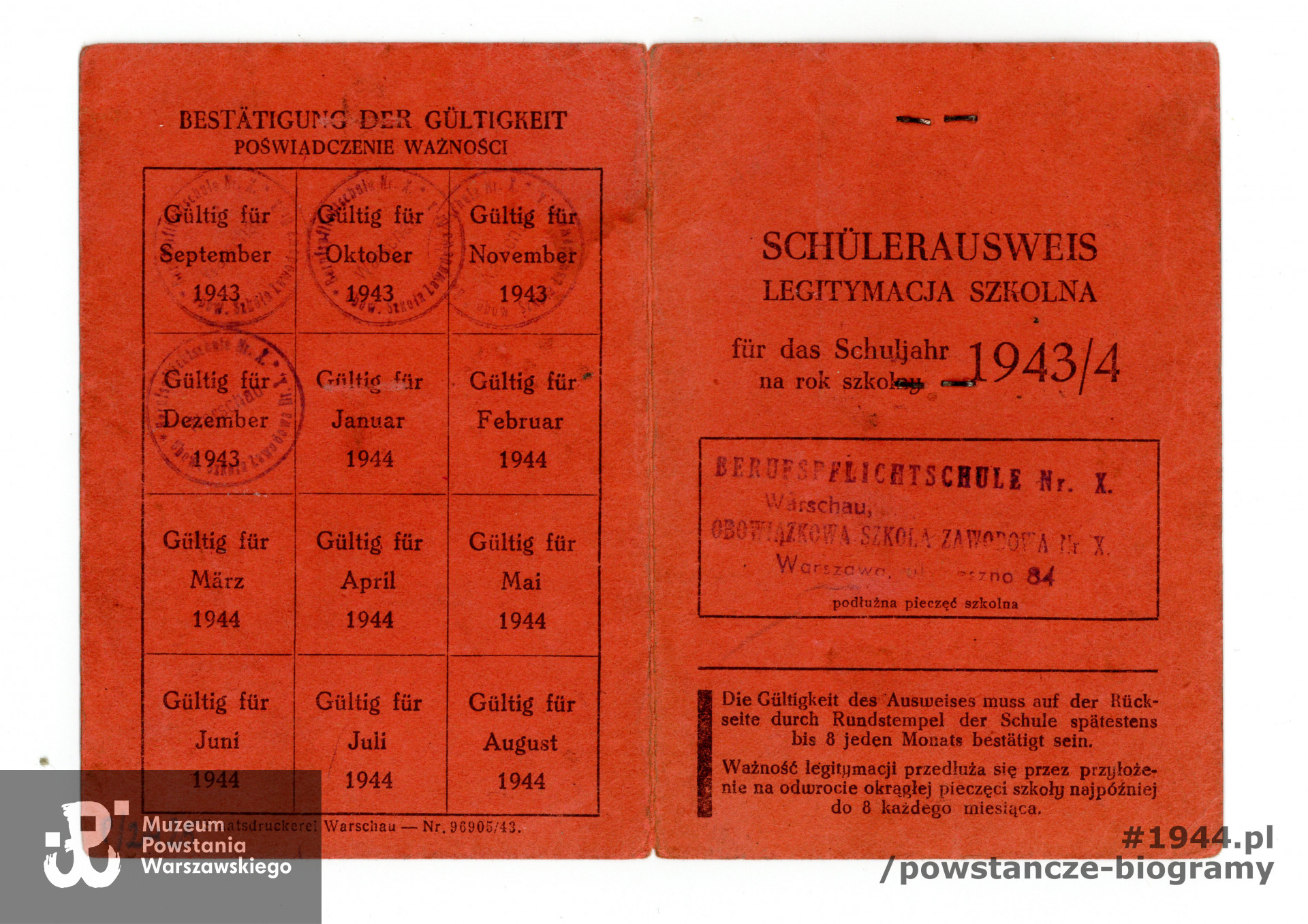 Należący do Ireneusza Schülerausweis, dar Elżbiety Rakowskiej. Ze zbiorów Muzeum Powstania Warszawskiego, sygn. P/2425