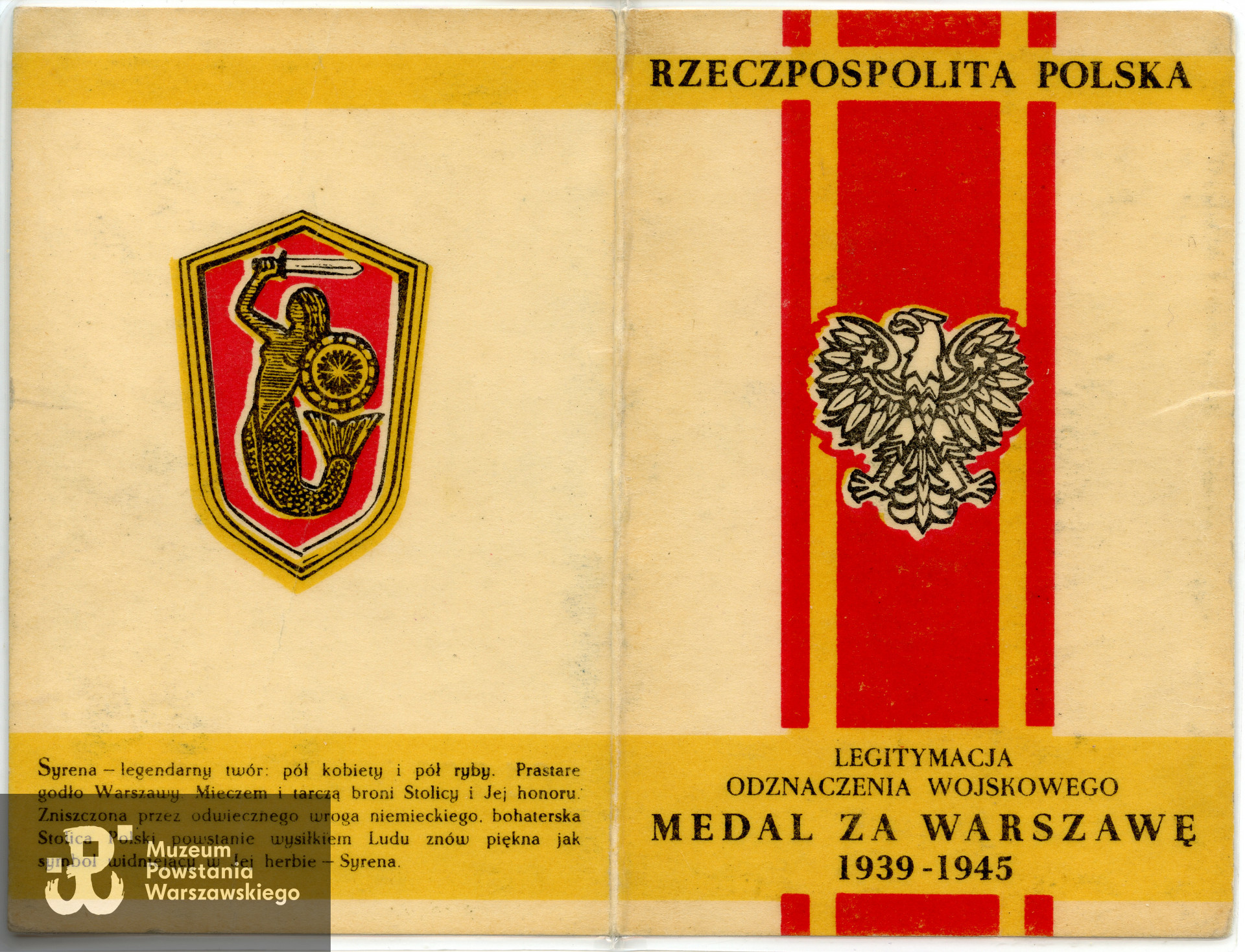 Legitymacja odznaczeniowa - Medal za Warszawę 1939-1945. Dokument ze zbiorów rodzinnych p. Andrzeja Frydryszaka ps. Michał
