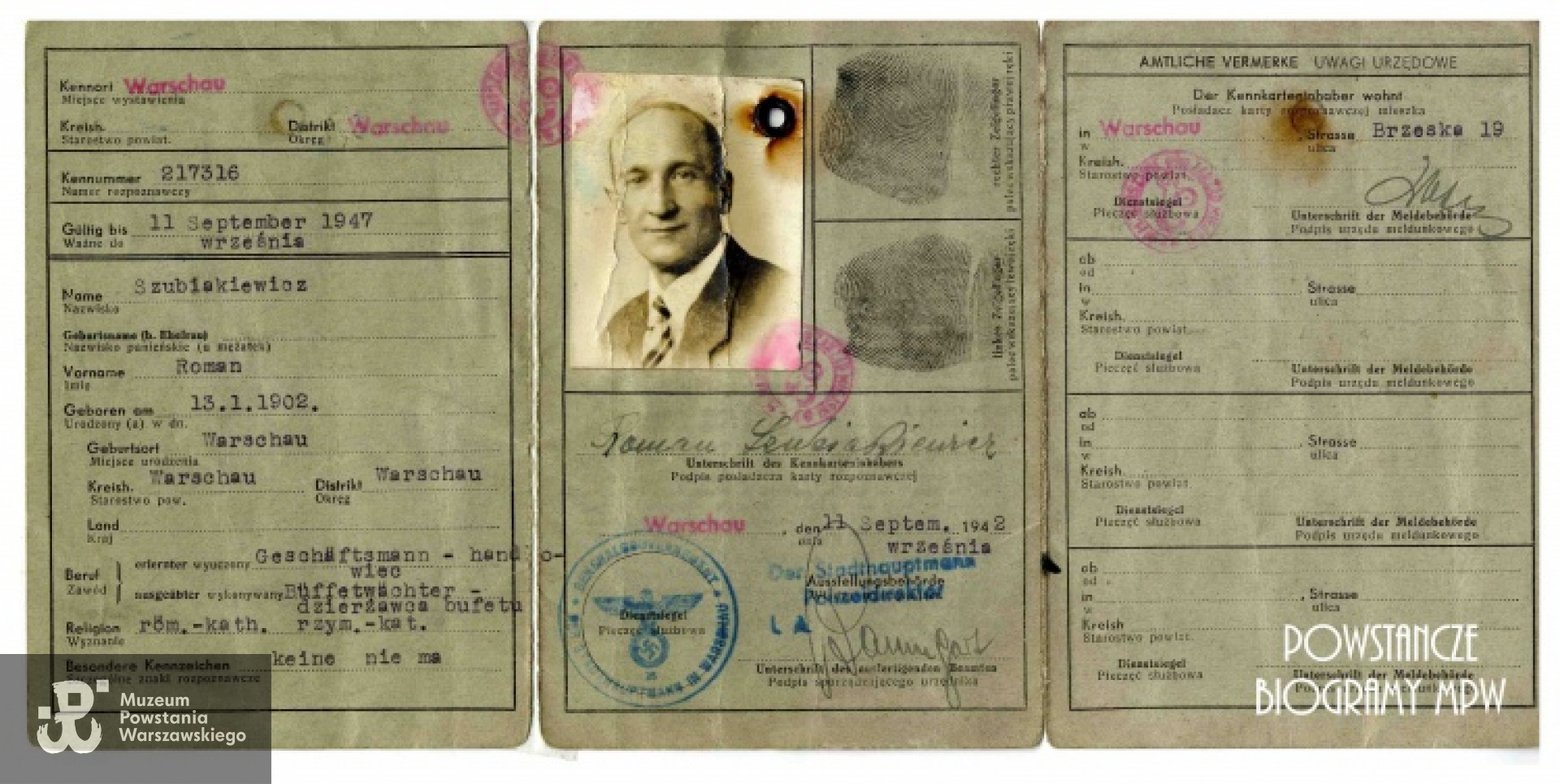 Okupacyjna kenkarta Romana Szubiakiewicza. Ze zbiorów Muzeum Powstania Warszawskiego, sygn. P/5769