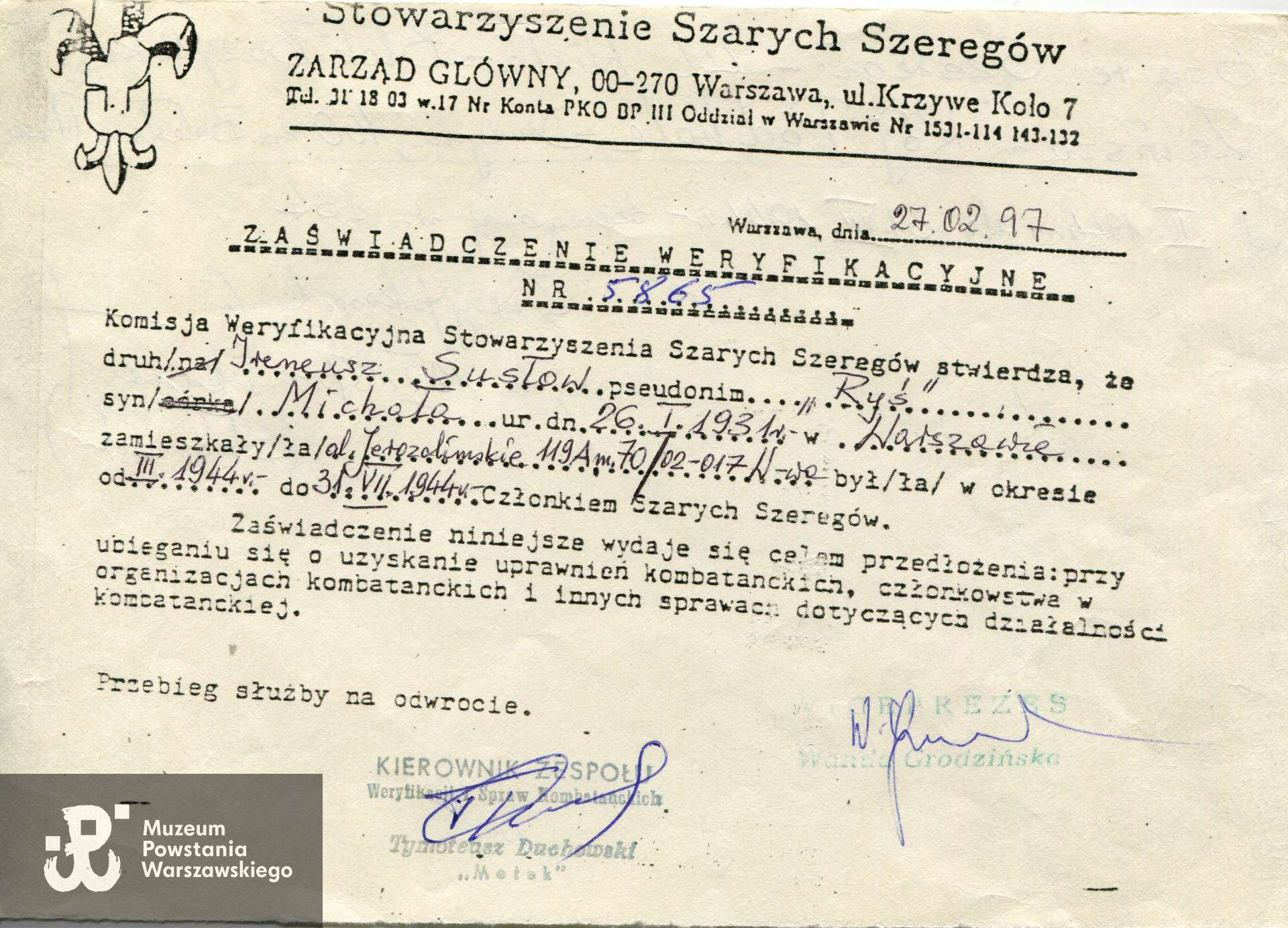 Archiwum prywatne, skan: materiały do Słownika Uczestników PW - Pokój Kombatanta MPW